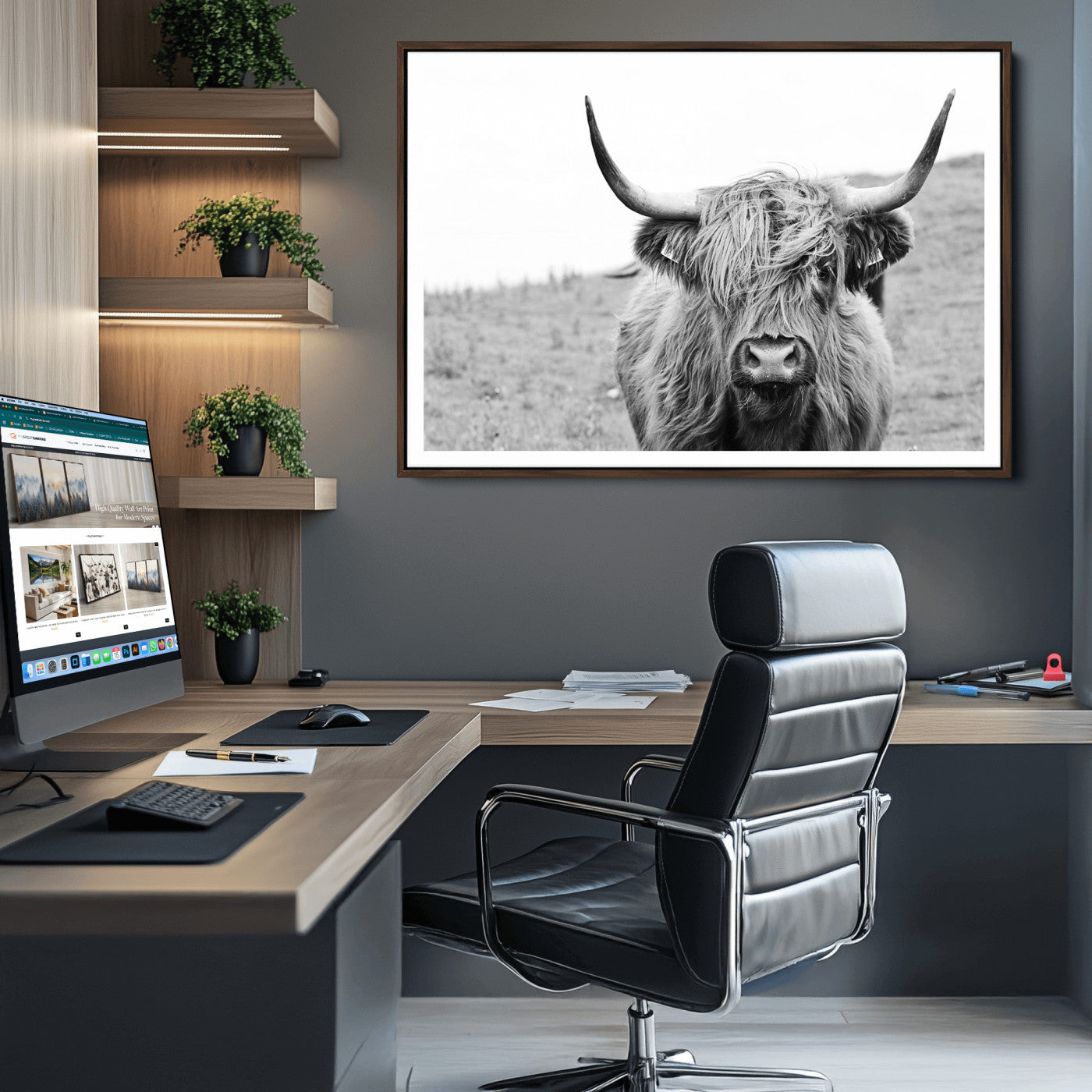 16248-MGV-CV-36X24-Newfoundland Cow Art Wall Art, Black White Cow Art Wall Art Canvas Print