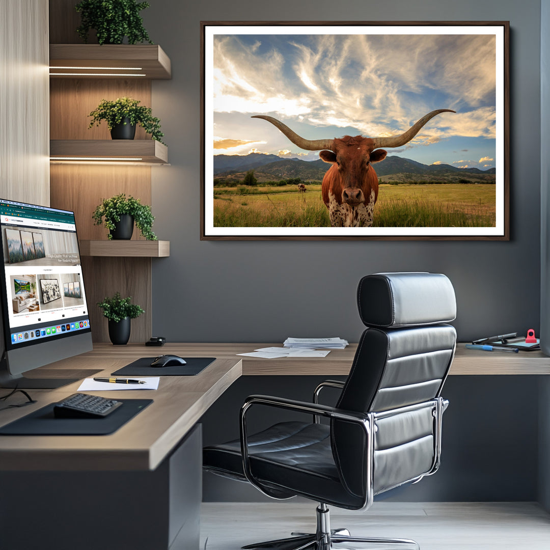 Texas Longhorn Canvas Wall Art – Majestic Triptych Animal Print – Rustic Western Decor for Living Room or Office – Ready to Hang