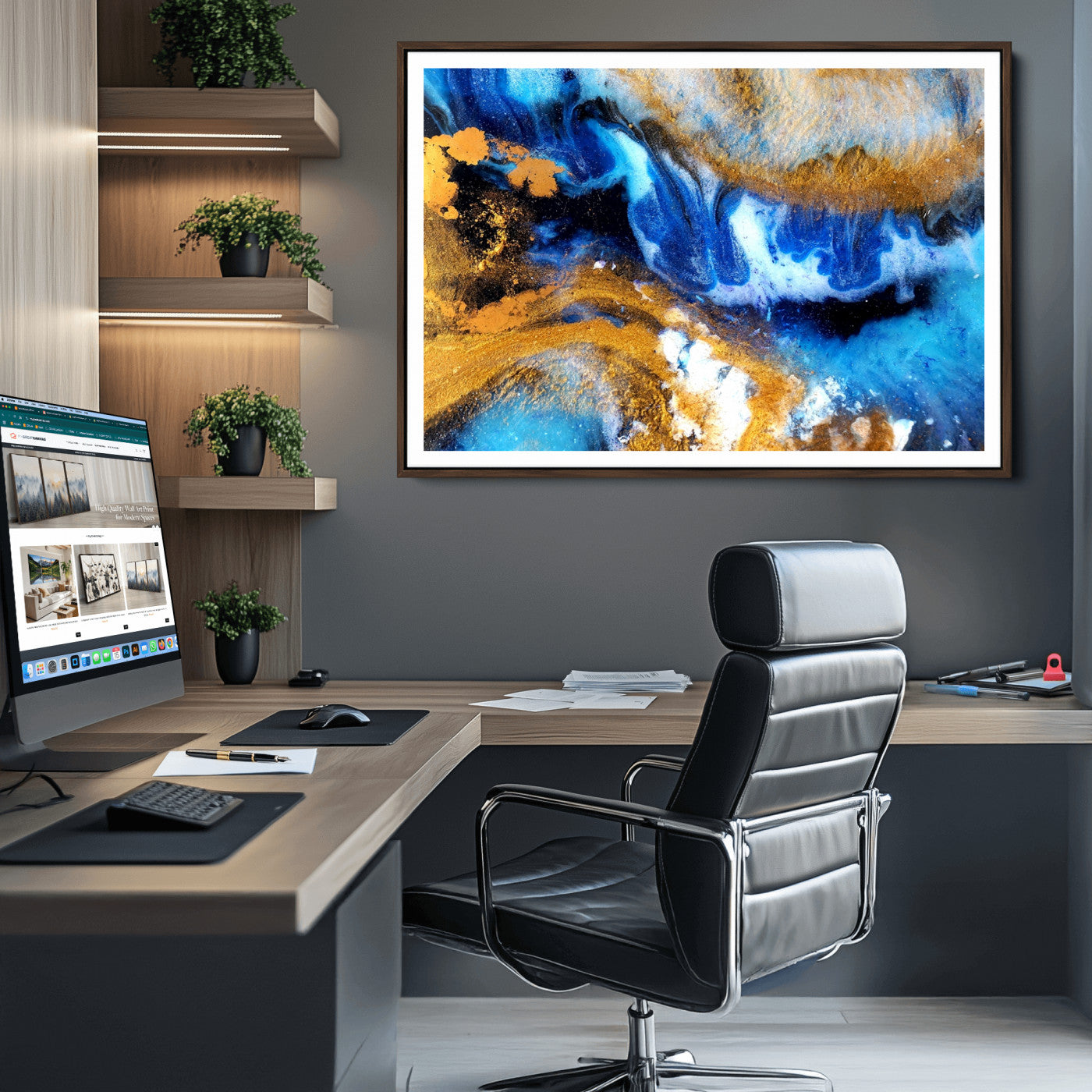 42100-MGV-CV-36X24-Blue Orange Marble Fluid Effect Canvas Wall Art Print