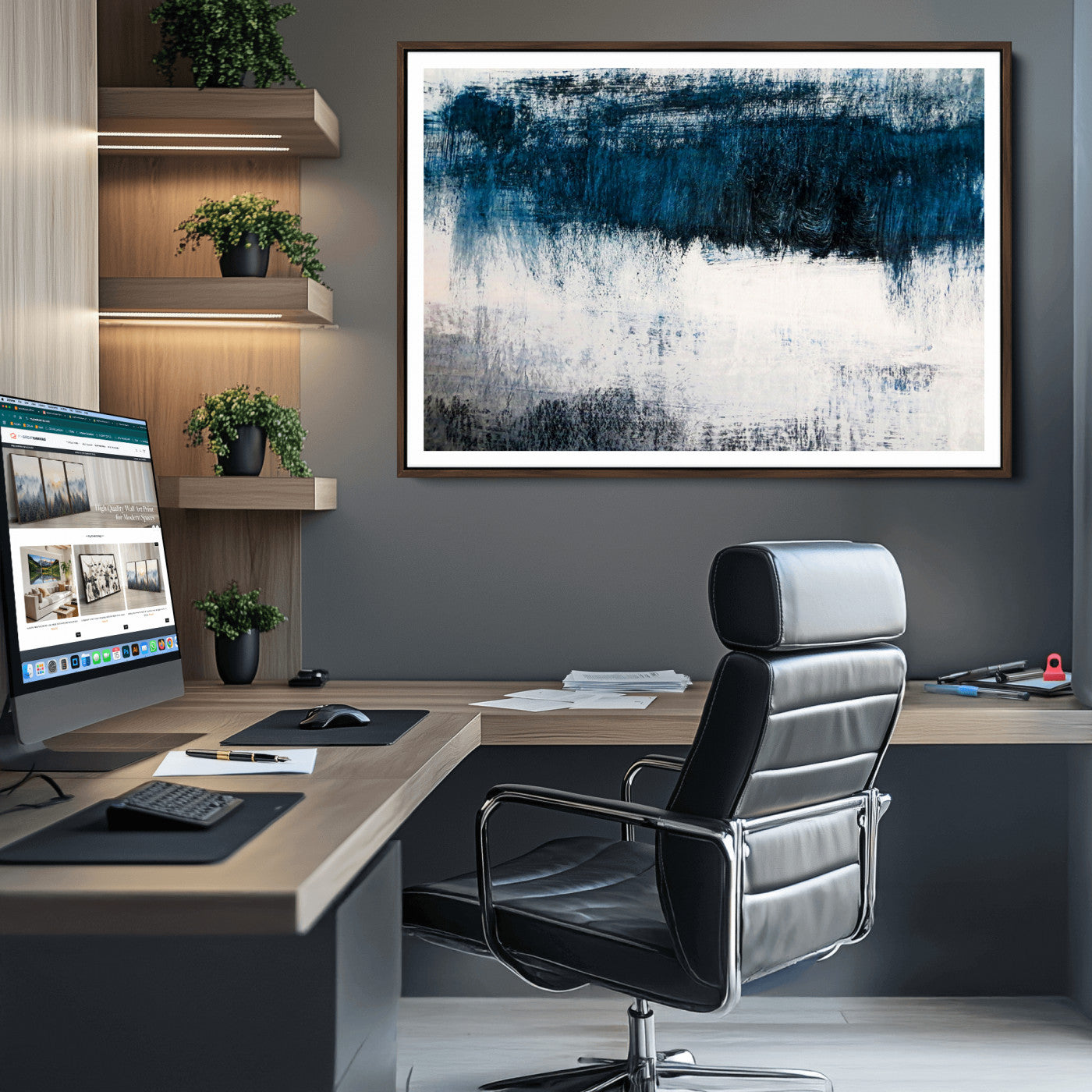 38954-MGC-FP-36x24_Black-Abstract Blue and White Canvas Art | Large Wall Art for Modern Living Room Decor | Minimalist Brushstroke Painting on Canvas