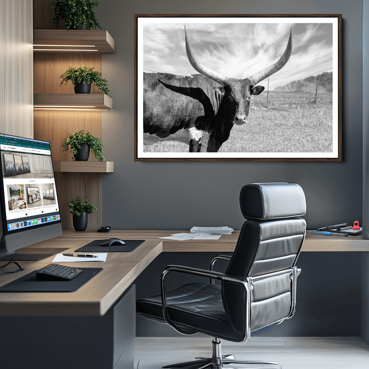 30017-MGV-CV-36X24-Cattle Wall Art Longhorn Cow Canvas Print