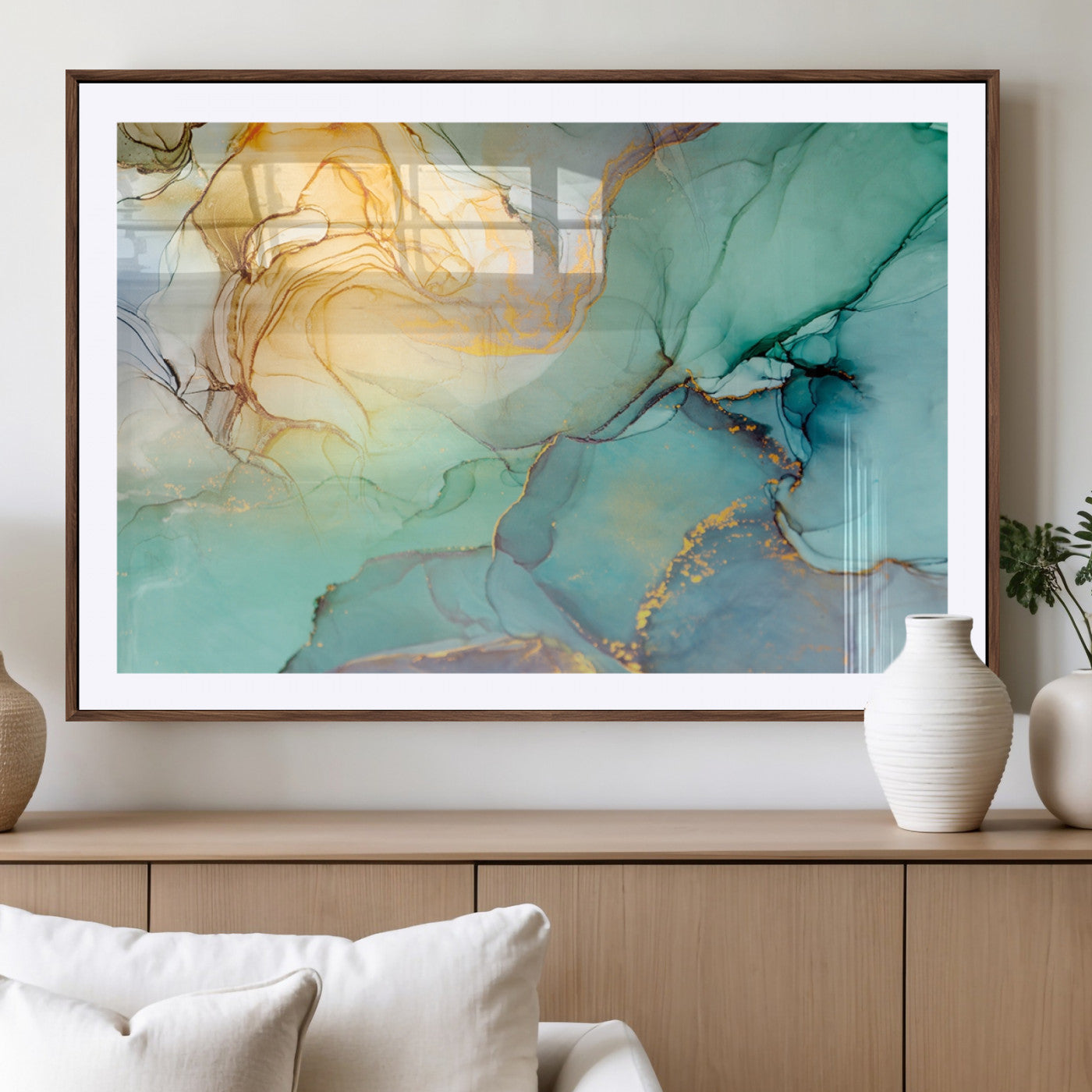 MGC-FP-36x24 - Abstract Aqua and Gold Fluid Wall Art Canvas | 3 Panel Large Canvas Print for Living Room, Office,