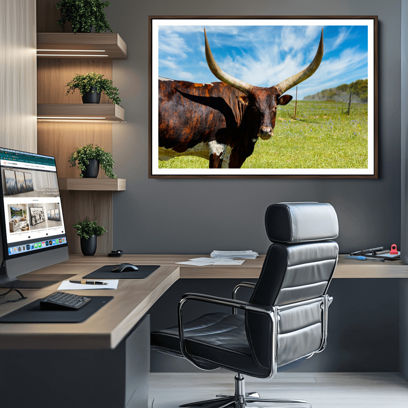 47037-MGV-CV-36X24-Longhorn and Cow Wall Art, Country Cow Wall Decor Canvas Print