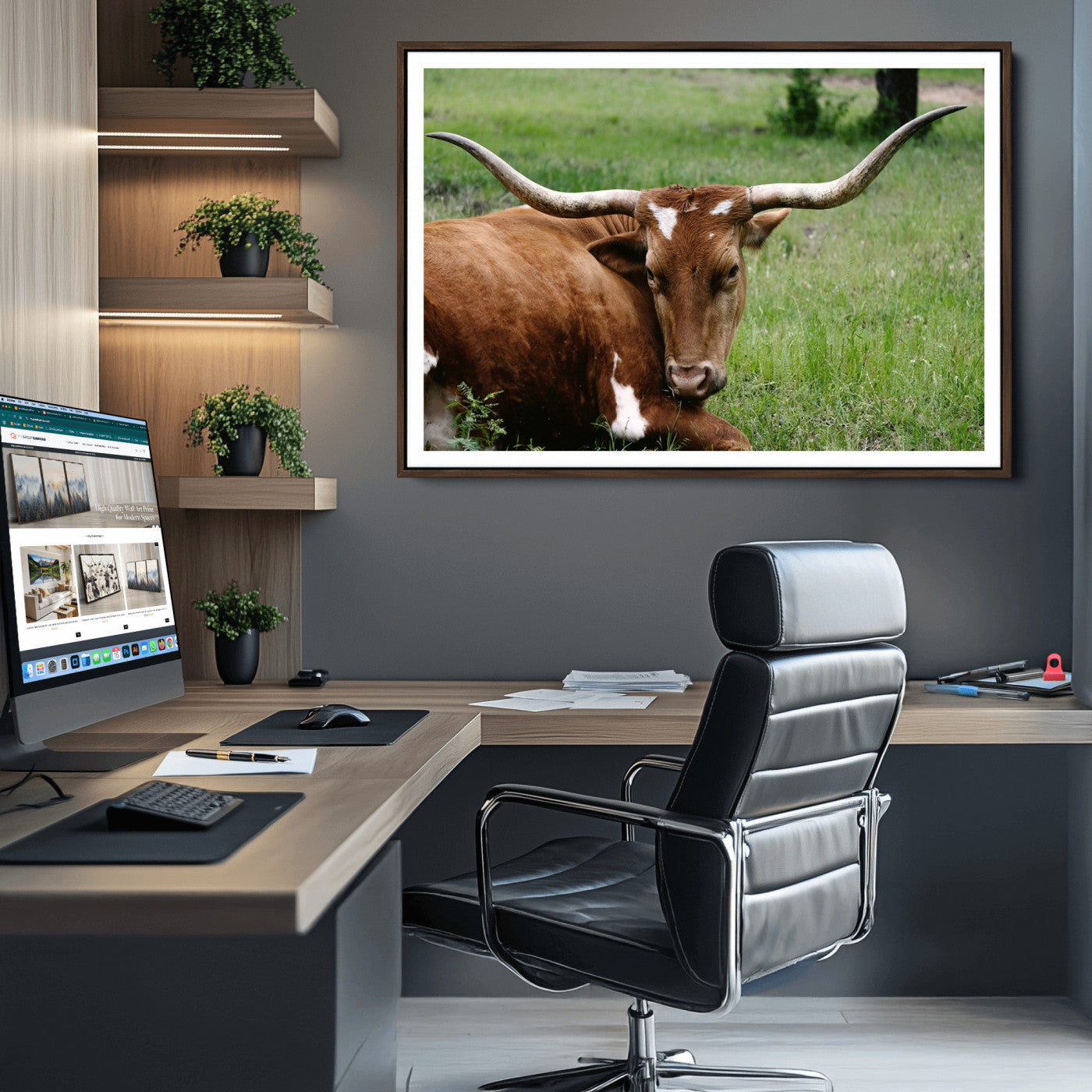 45997-MGV-CV-36X24-Longhorn Cow Animal Wall Art Canvas Print