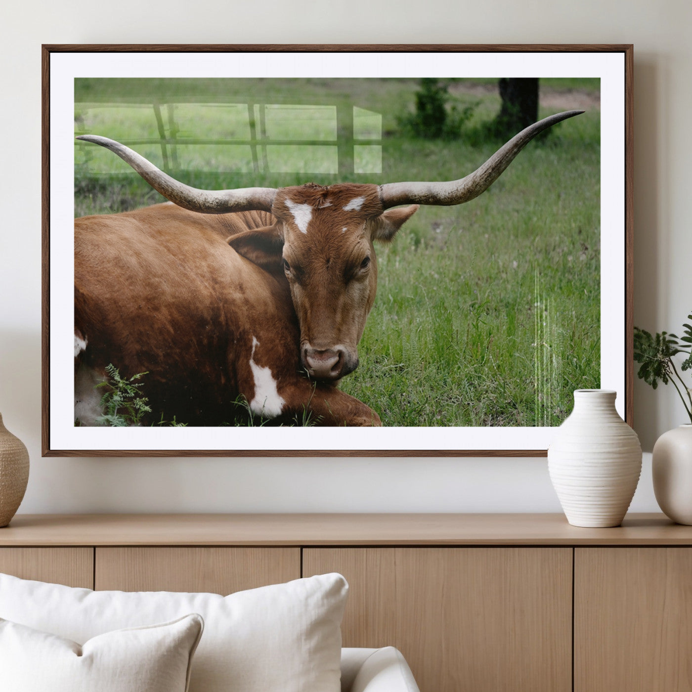 MGC-FP-36x24 - Longhorn Steer Canvas Wall Art – Rustic Nature Triptych Decor for Living Room or Office – Ready to