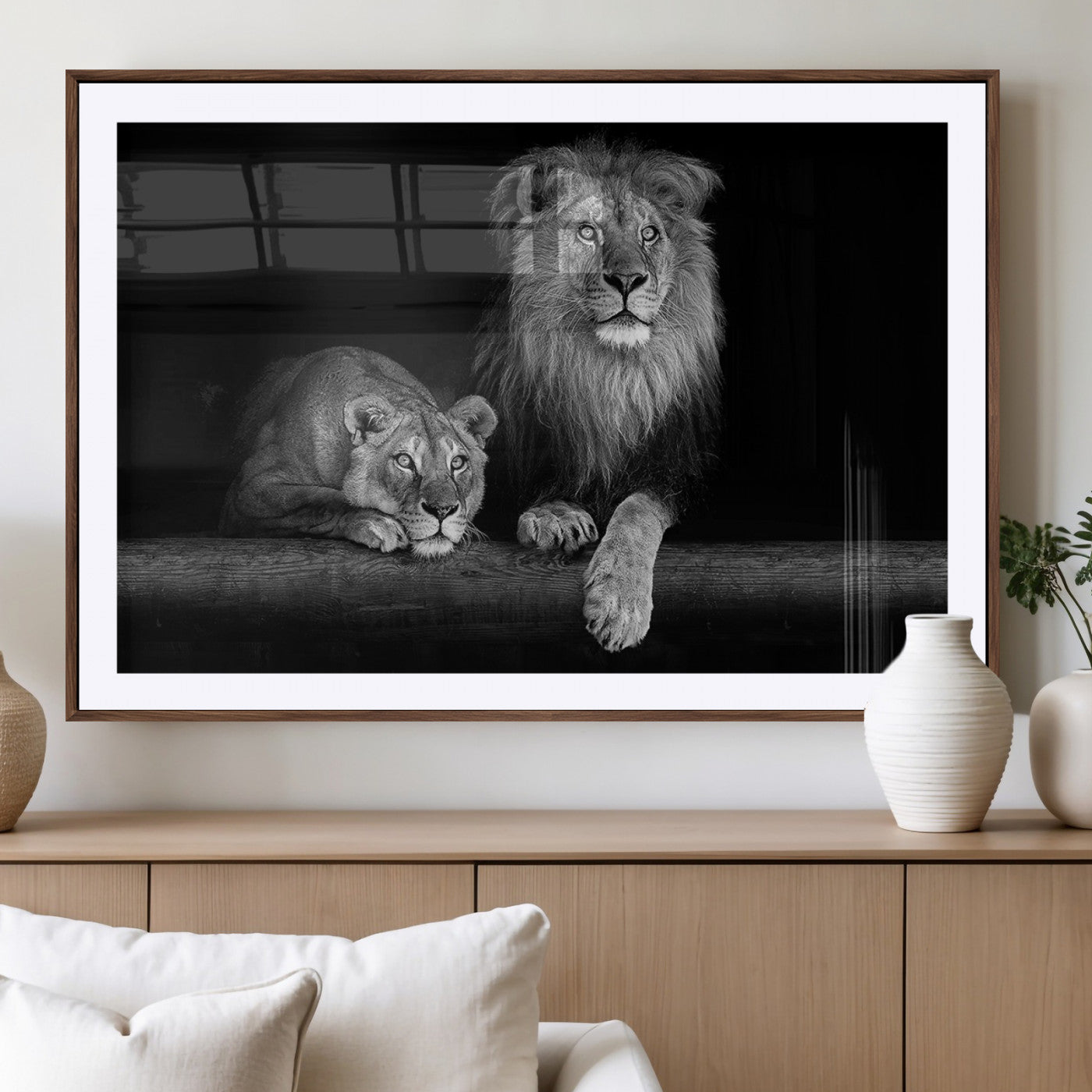 MGC-FP-36x24 - Large Black and White Lion Couple Wall Art Canvas Print