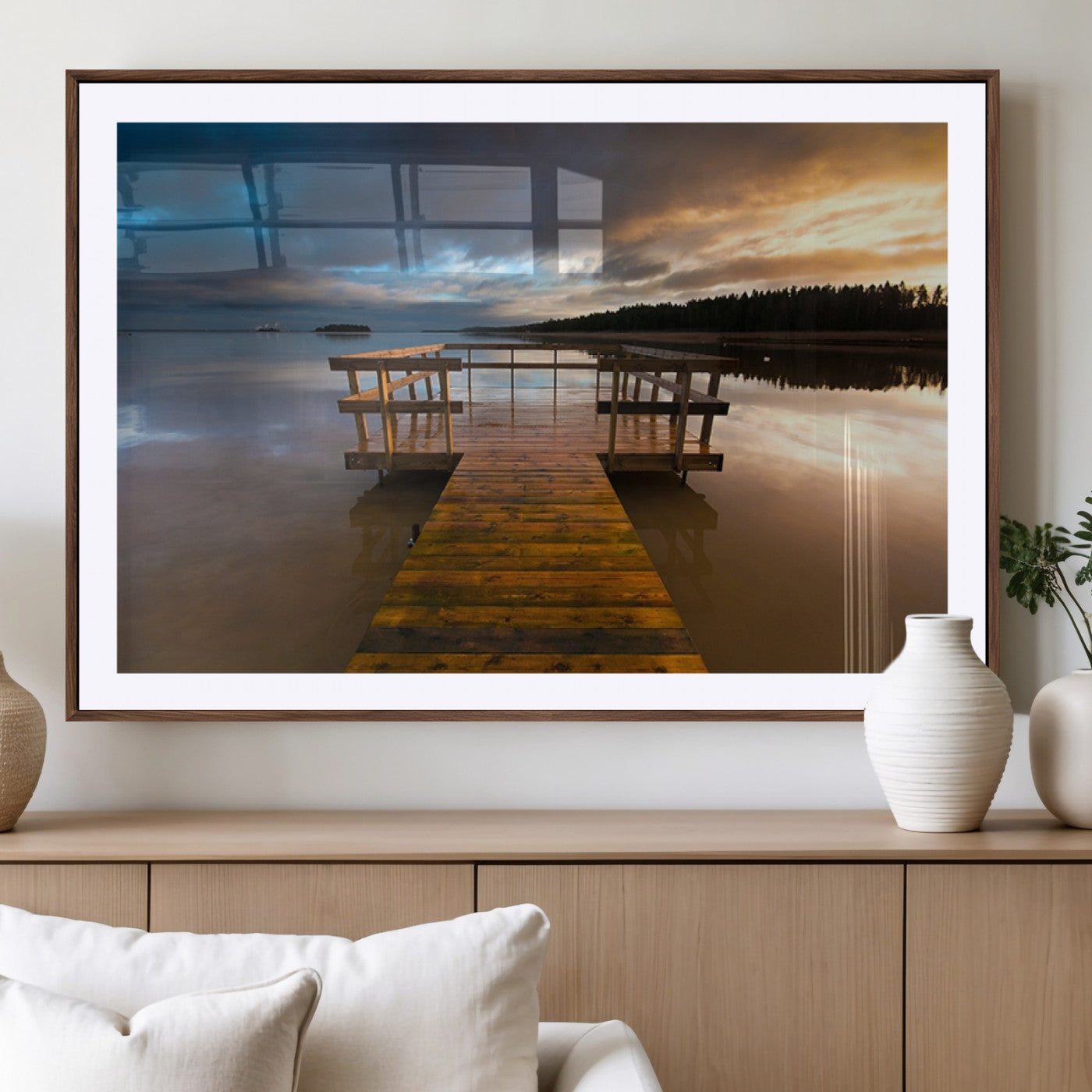 MGC-FP-36x24 - Serene Lake Pier at Sunset Canvas Print | Landscape Canvas Print | Ready to Hang and Framed Wall Art