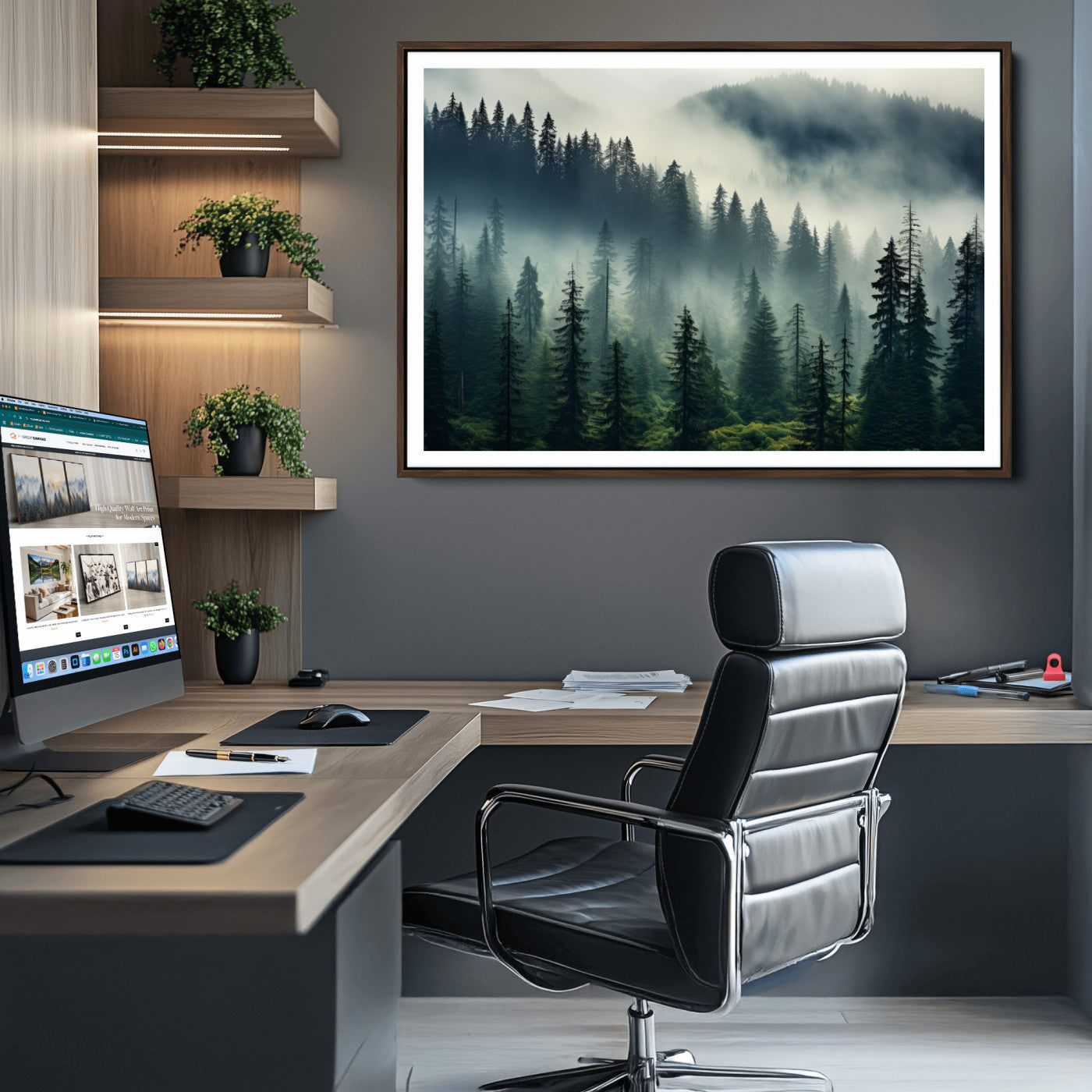48606-MGC-FP-36x24_Walnut-Captivating Misty Forest Wall Art Premium Canvas Print a Foggy and Serene Atmosphere