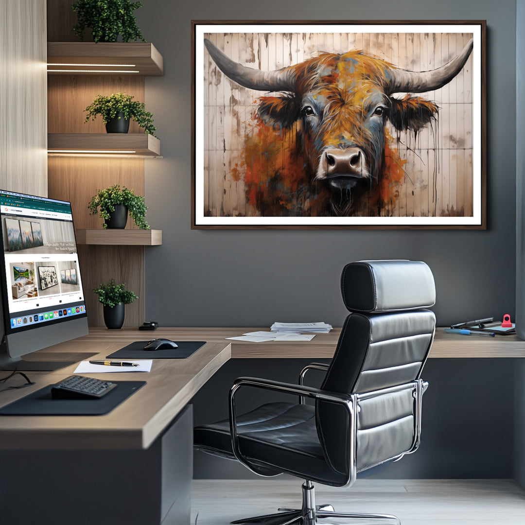 Scottish Highland Cow Cattle Art Print on Wood Style Background