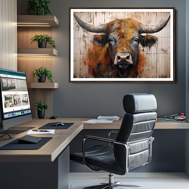 Scottish Highland Cow Cattle Art Print on Wood Style Background
