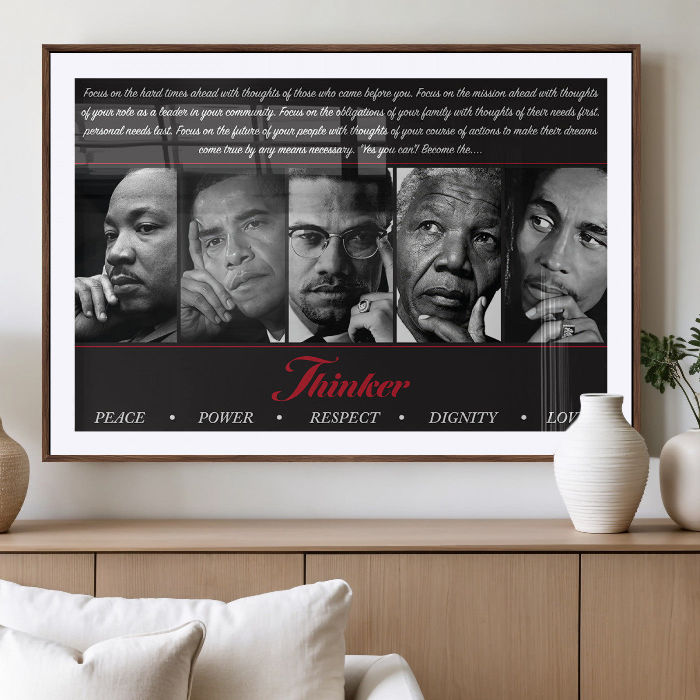 MGC-FP-36x24 - Thinker Quintet Canvas Wall Art – Martin, Obama, Malcolm X, Mandela, Marley Featuring Peace, Power,