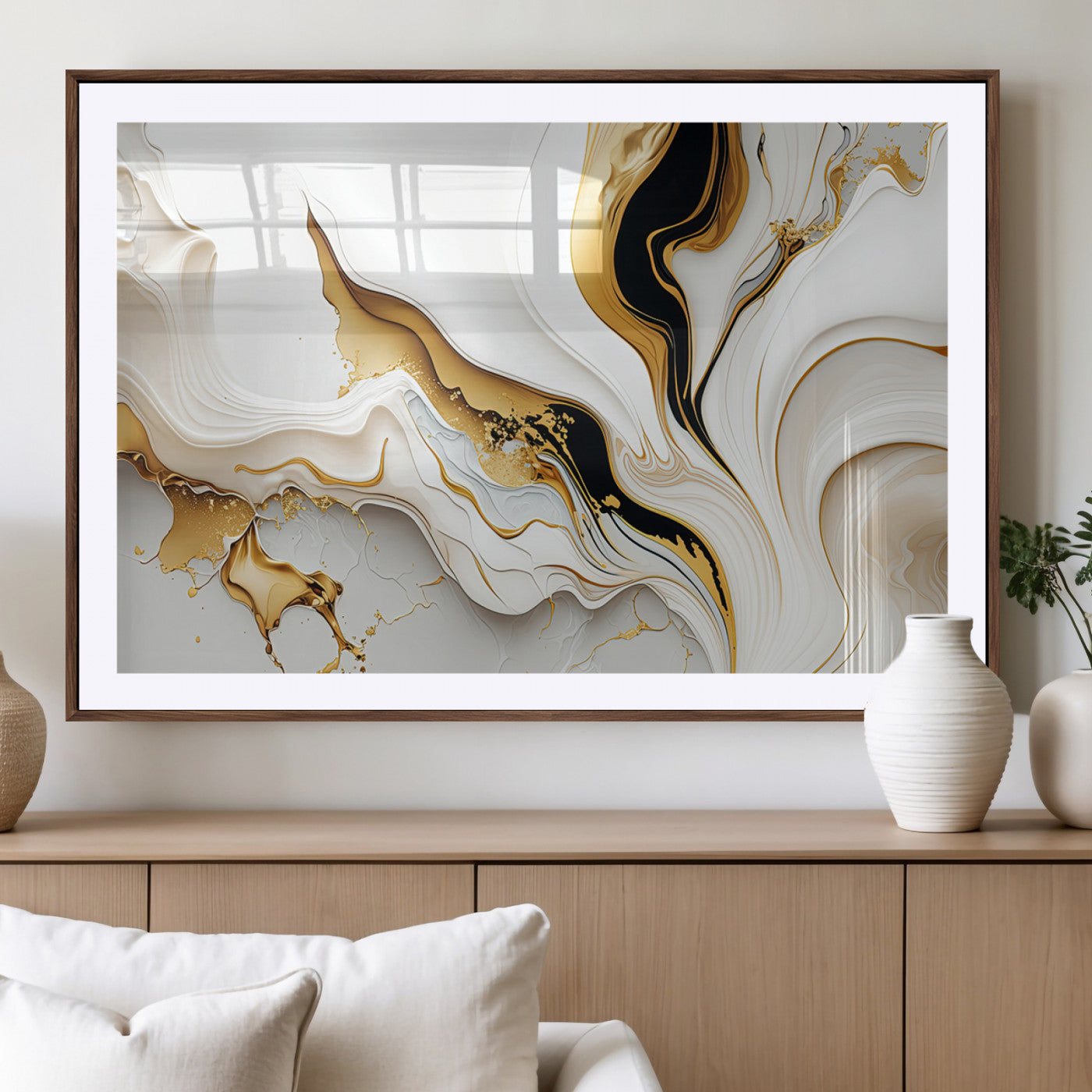 -Gold Waves on Pure White Canvas – Gold Abstract Art for Modern Interiors | Wall Art Canvas, Framed &