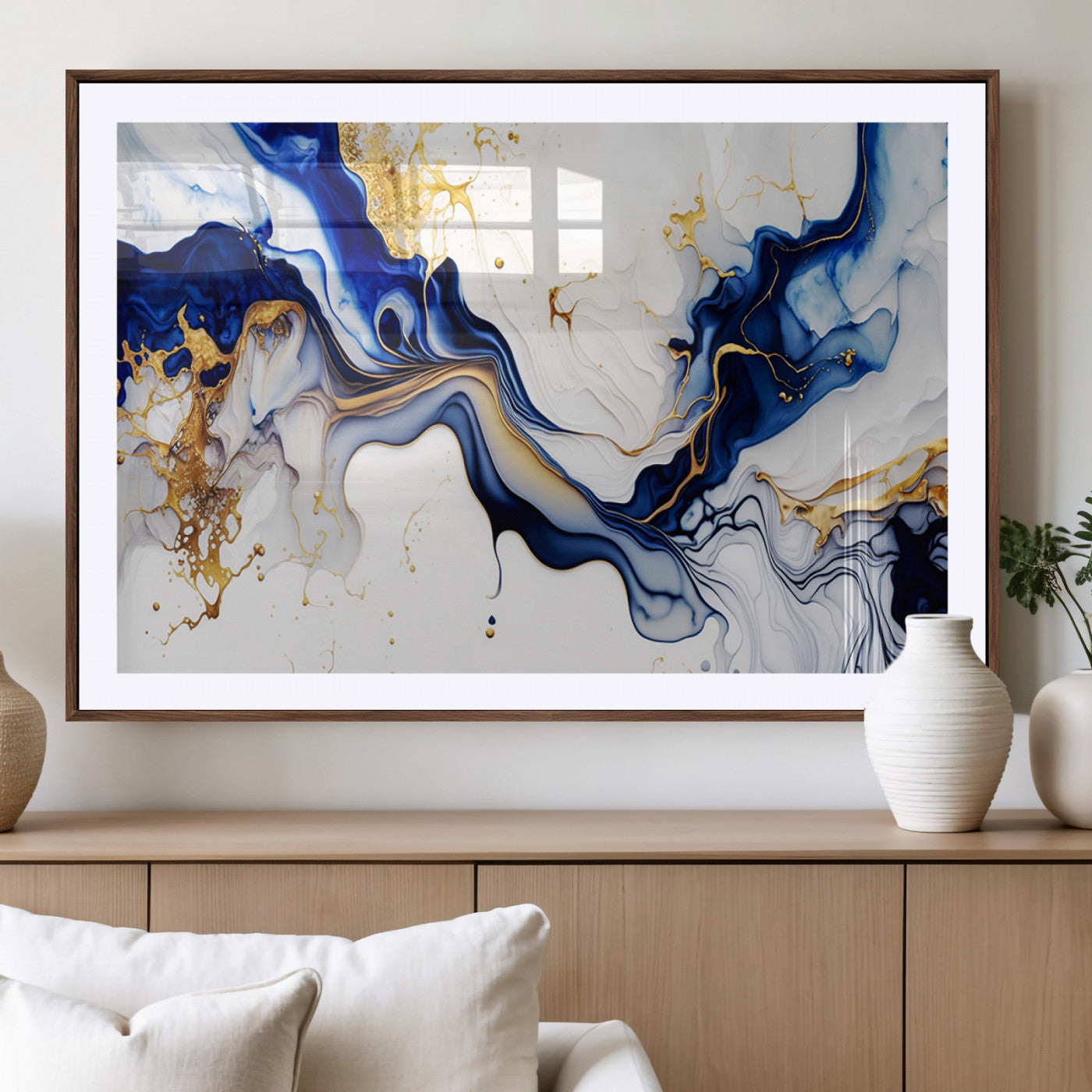 MGC-FP-36x24 - Golden Cascades on Midnight Blue – Deep Blue Abstract Wall Art Flowing Elegance | Wall Art Canvas,