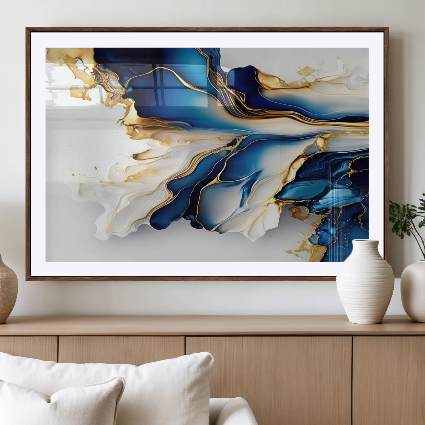 MGC-FP-36x24 - Gold Marble Art - Abstract Geode Gold And Blue Marble Shape 3 Pieces Wall Art Canvas Print