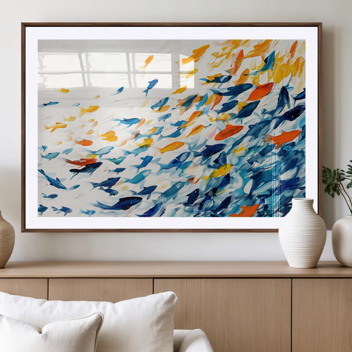 MGC-FP-36x24 - Abstract Fish Shoal Wall Art Canvas Print, Colorful Fish Herd Painting on Canvas Print, Ocean Animal
