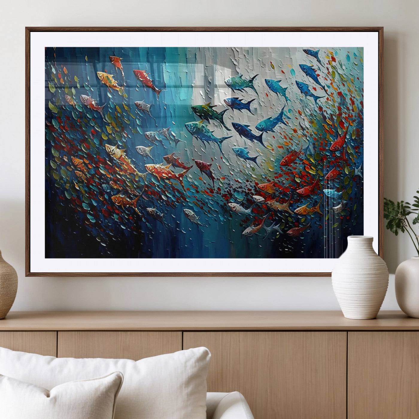 MGC-FP-36x24 - Modern Abstract Fish Shoal Wall Art Canvas Print, Colorful Fish Herd Painting on Canvas Print, Ocean