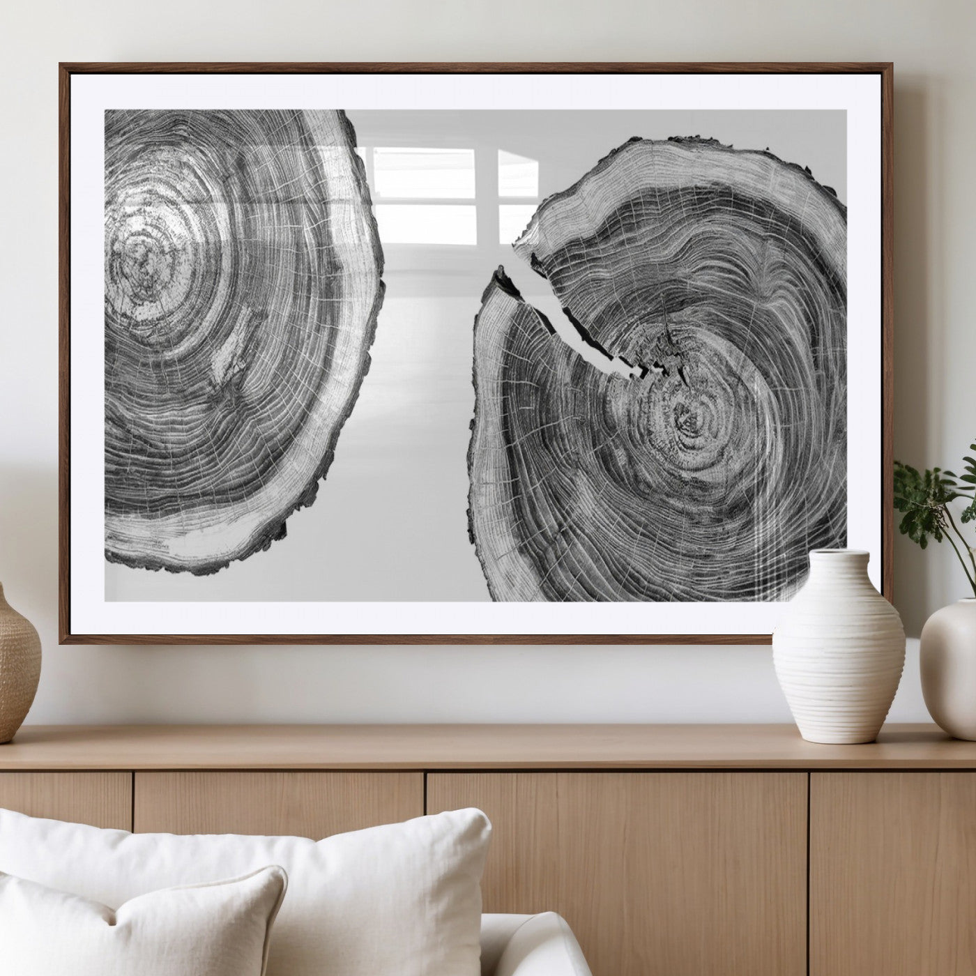 MGC-FP-36x24 - Modern Black and White Tree Rings Canvas Wall Art – Nature Inspired Wood Slice Print – Minimalist