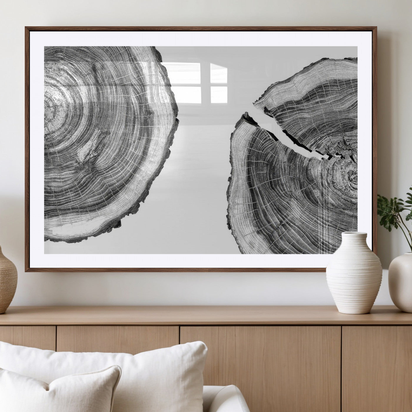MGC-FP-36x24 - Abstract Large Tree Rings – Minimalist Black and White Wood Art | Triptych Canvas, Modern Wall Decor