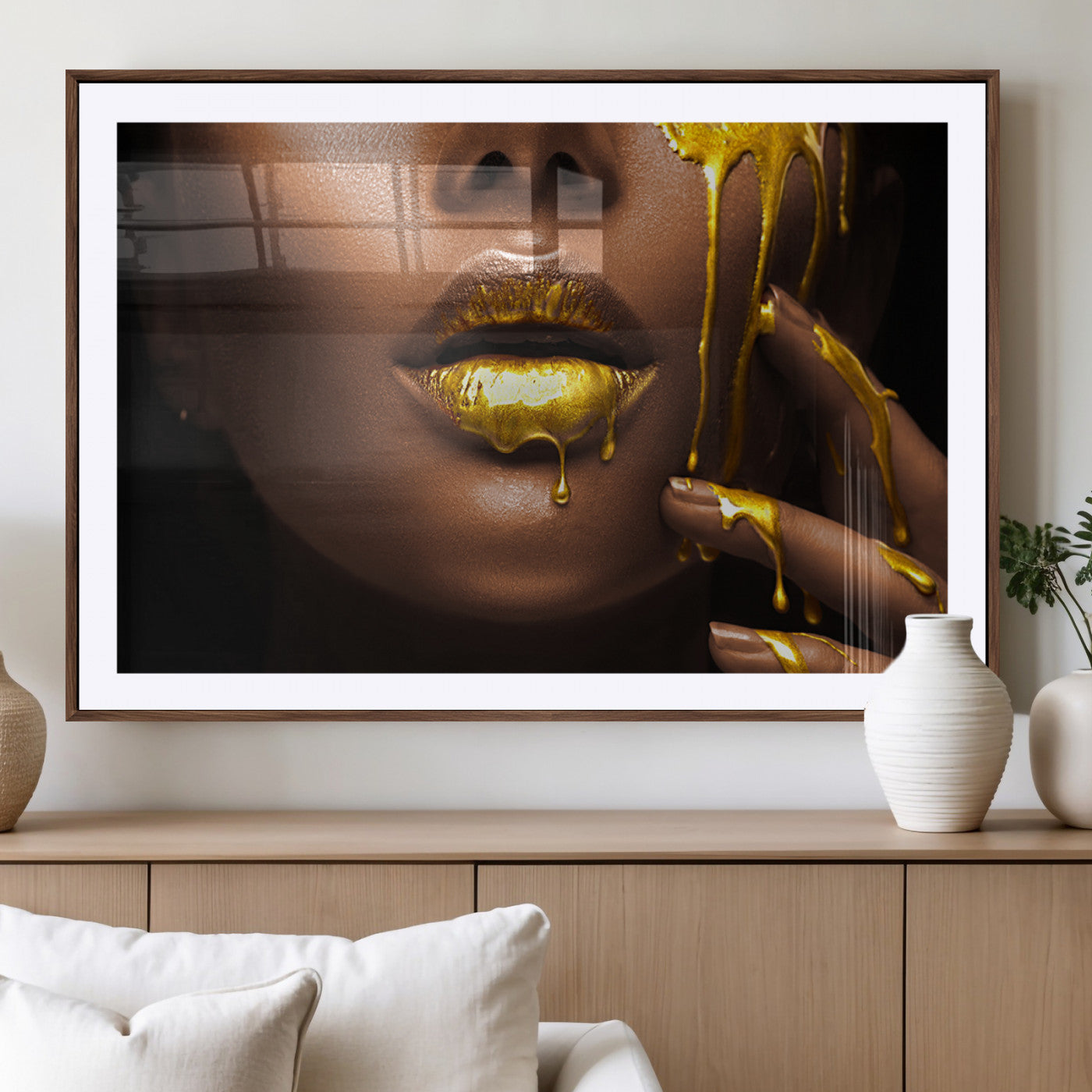 MGC-FP-36x24 - African American Art Black Woman Canvas Print, African Wall Art, Fashion African Woman Gold Lips