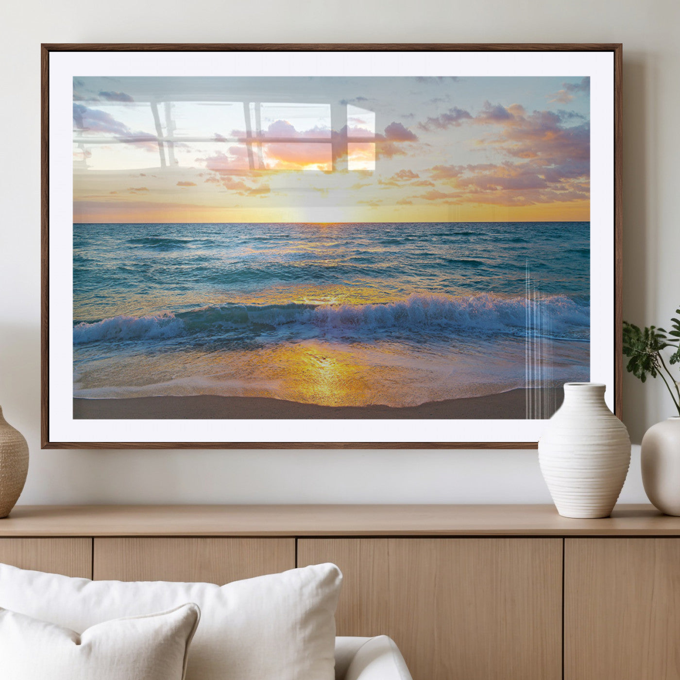 MGC-FP-36x24 - Golden Sunset Over Ocean Waves - Serene Coastal Triptych Wall Art for Relaxing Home Decor, Ready to