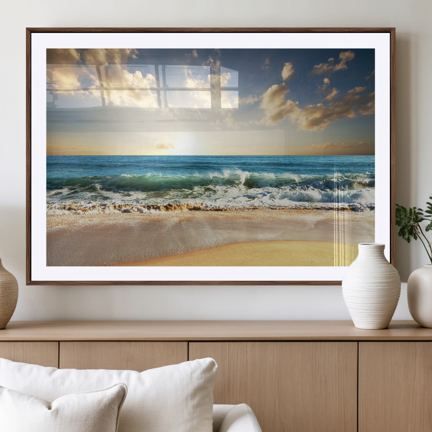MGC-FP-36x24 - Golden Sunset Beach Triptych Canvas Wall Art for Living Room – 3-Panel Ocean View, Framed & Ready to