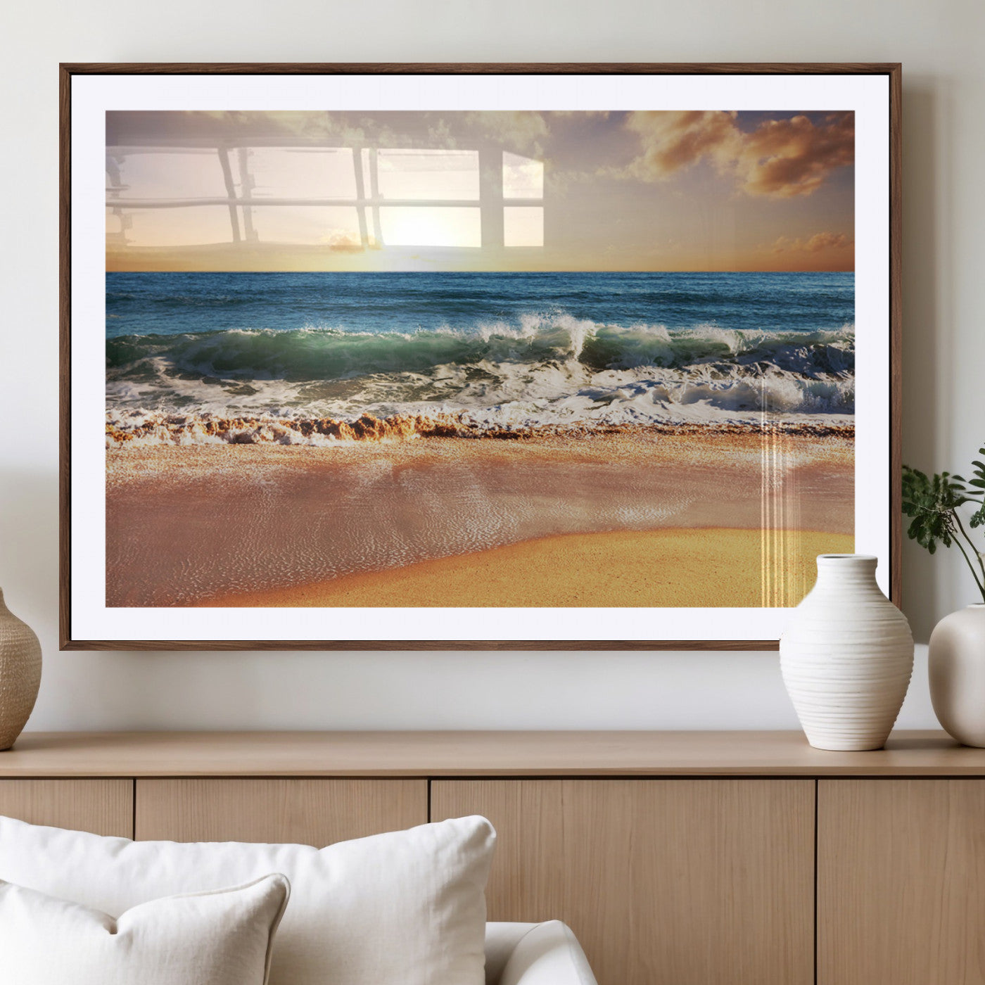 MGC-FP-36x24 - Sunset Beach Wall Art - 3-Panel Framed Canvas Print, Ready to Hang Ocean Sunset for Coastal and
