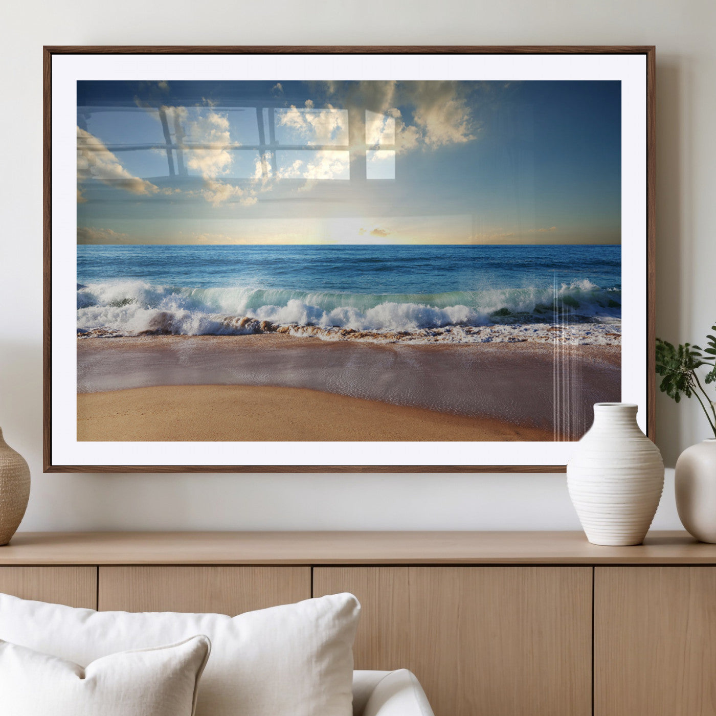MGC-FP-36x24 - Serene Ocean Sunset Canvas Wall Art - Beach Waves at Sunset, Ready to Hang