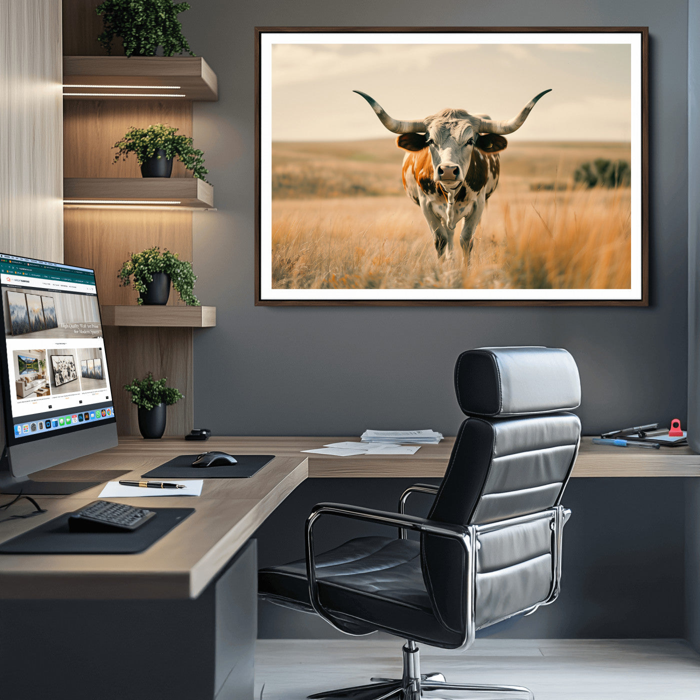 16580-MGV-CV-36X24-Texas Cow Wall Art Canvas Print for Farm House Wall Decor, Farmhouse Wall Art Print