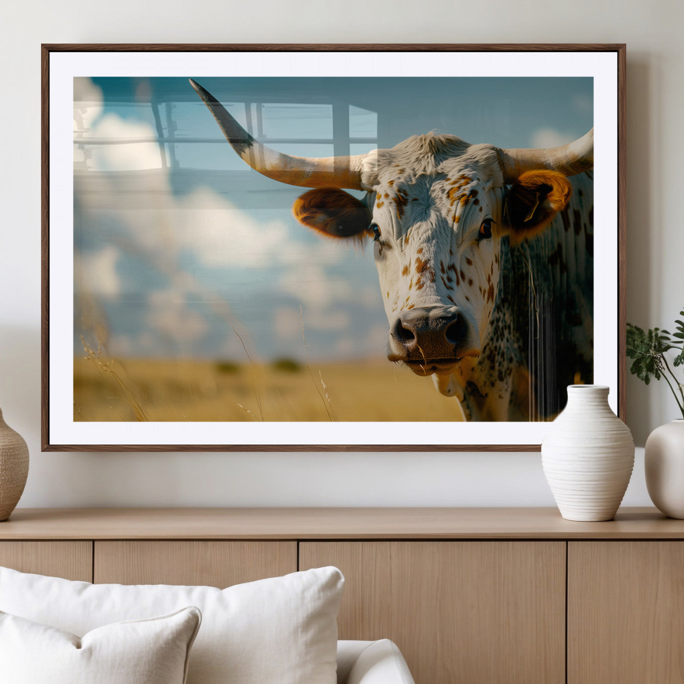 MGC-FP-36x24 - Longhorn in the Prairie - Stunning Ranch-Style Triptych Wall Art for Western Home Decor, Cowboy Wall