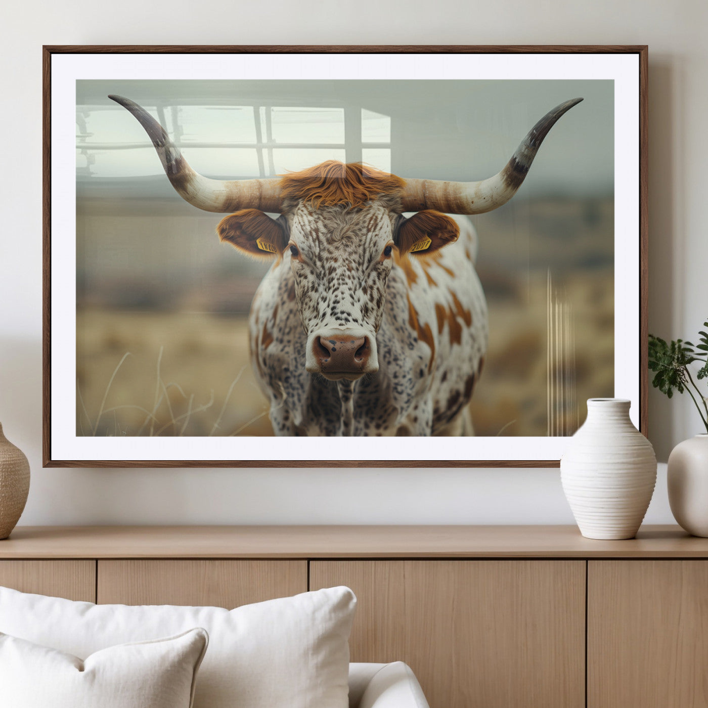 MGC-FP-36x24 - Texas Cow Longhorn Wall Art Canvas Print for Farm House Wall Decor, Farmhouse Wall Art Print