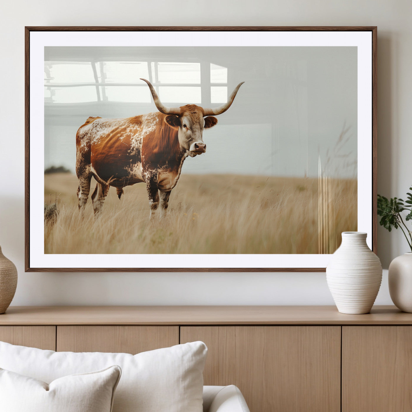 MGC-FP-36x24 - Texas Longhorn Canvas Wall Art Print – Majestic Western Cattle in Rustic Farmhouse Decor – Cow Wall