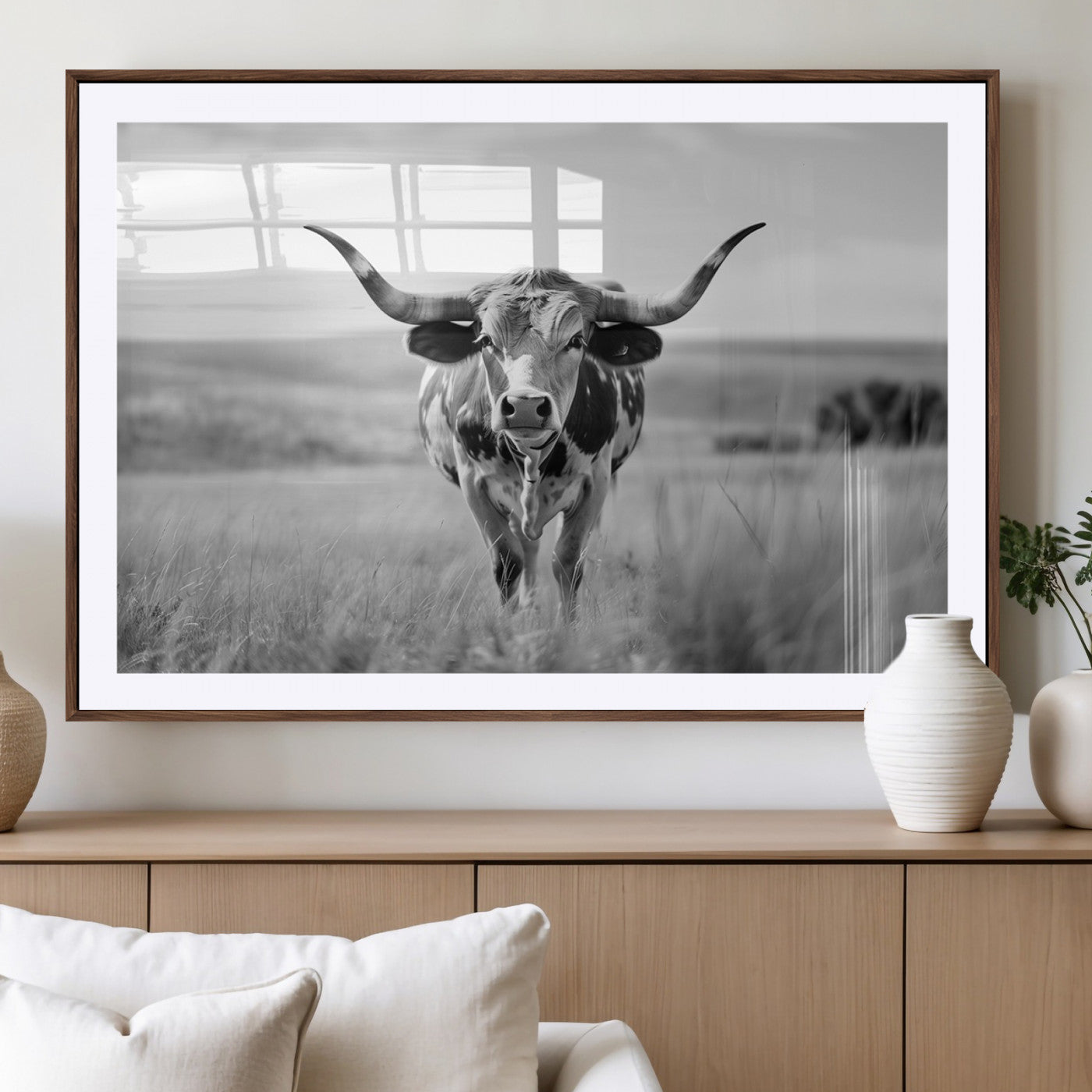 MGC-FP-36x24 - Texas Cow Longhorn Wall Art Canvas Print for Farm House Wall Decor, Farmhouse Wall Art Print