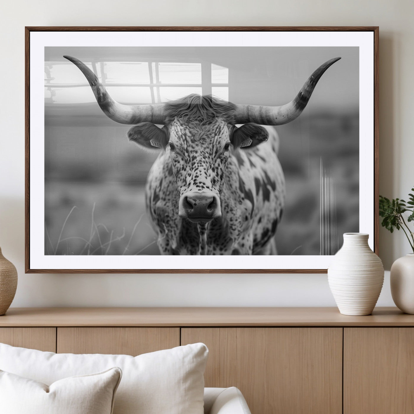 MGC-FP-36x24 - Texas Cow Longhorn Wall Art Canvas Print for Farm House Wall Decor, Farmhouse Wall Art Print
