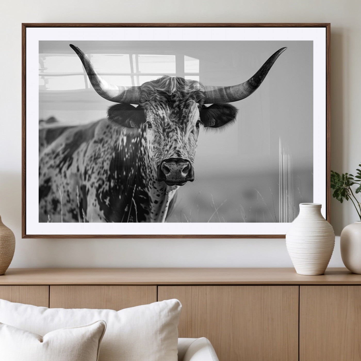 MGC-FP-36x24 - Texas Highland Cow Longhorn Canvas Print - Rustic Farmhouse Wall Art - Large Texas Longhorn