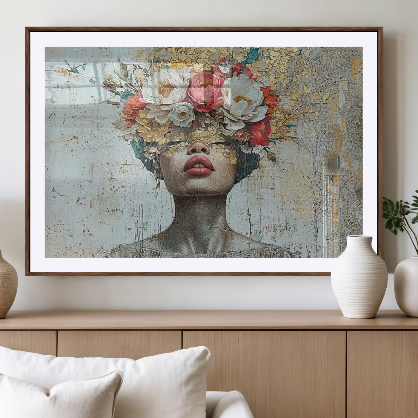 MGC-FP-36x24 - Golden Petal Wall Art Canvas Print - Silhouette Woman Wall Art Canvas Print, Floral Woman Portrait