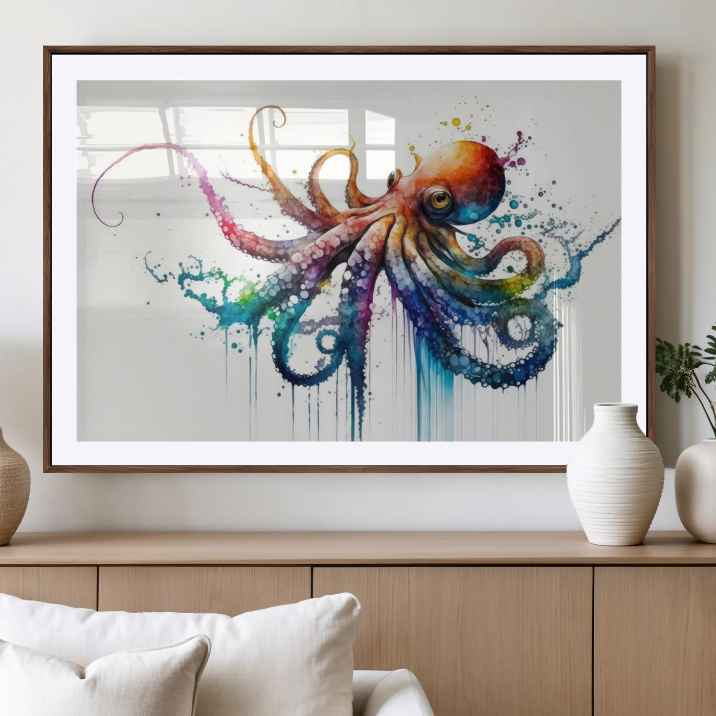 MGC-FP-36x24 - Watercolor Vibrant Octopus Wall Art Canvas Print | Abstract Sea Life Art | Colorful Marine Creature