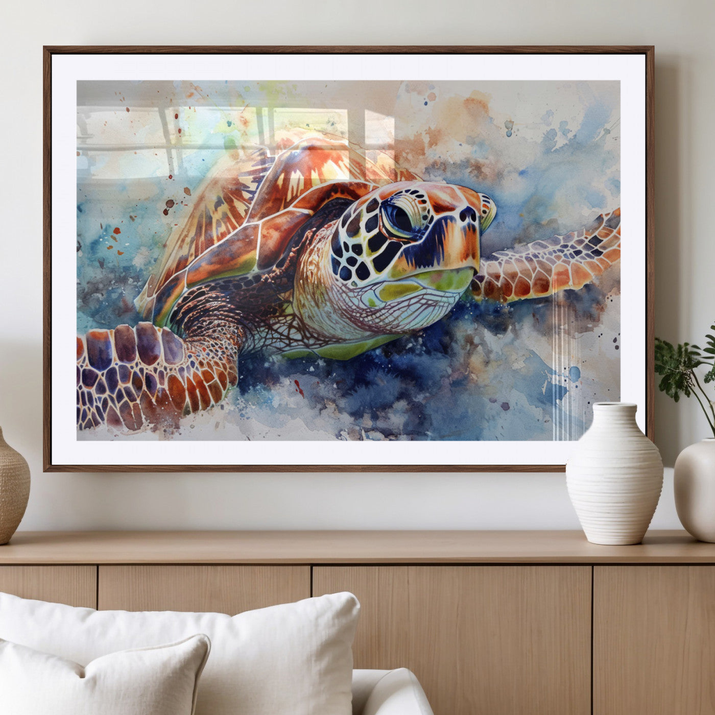 MGC-FP-36x24 - Watercolor Sea Turtle Wall Art Canvas Print - Vibrant Ocean Colors in Watercolor Style - Ready to