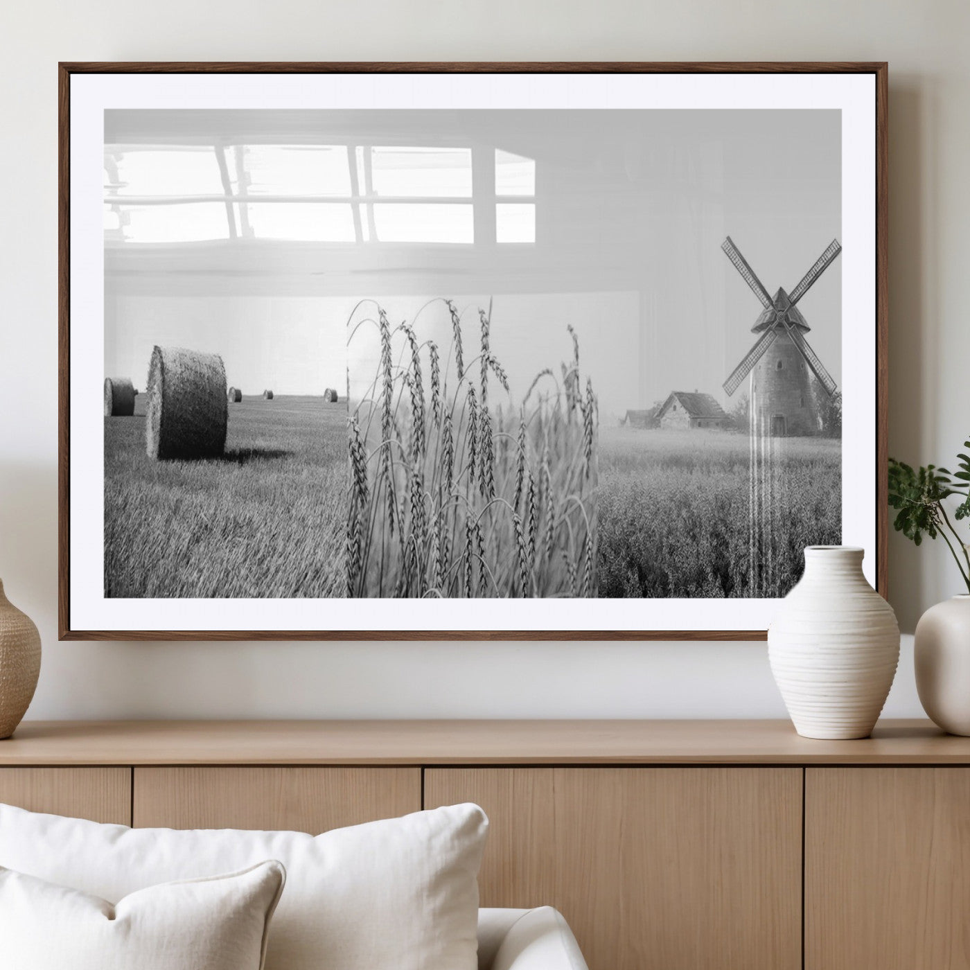 MGC-FP-36x24 - Vintage Farmhouse Black and White Triptych Wall Art – Giclee Canvas Featuring Wheat Fields, Hay