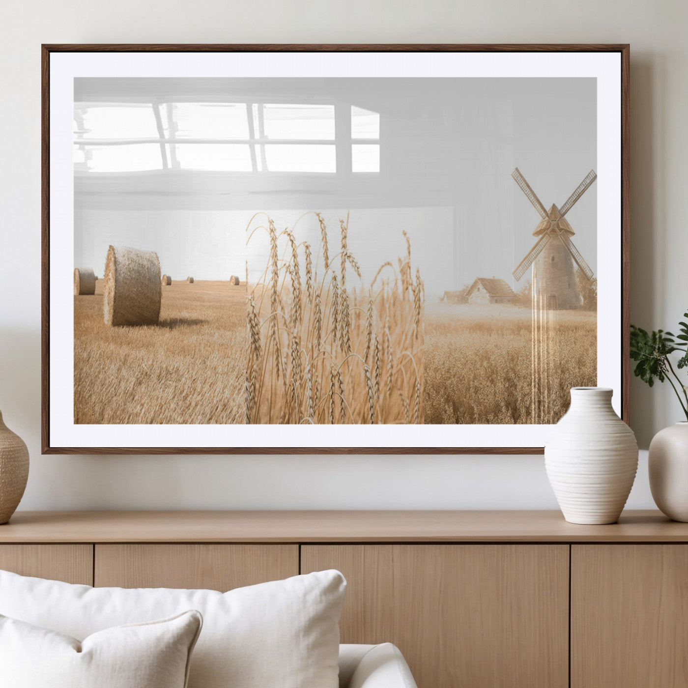 MGC-FP-36x24 - Vintage Farmhouse Triptych Wall Art – Giclée Canvas Featuring Wheat Fields, Hay Bales, and a