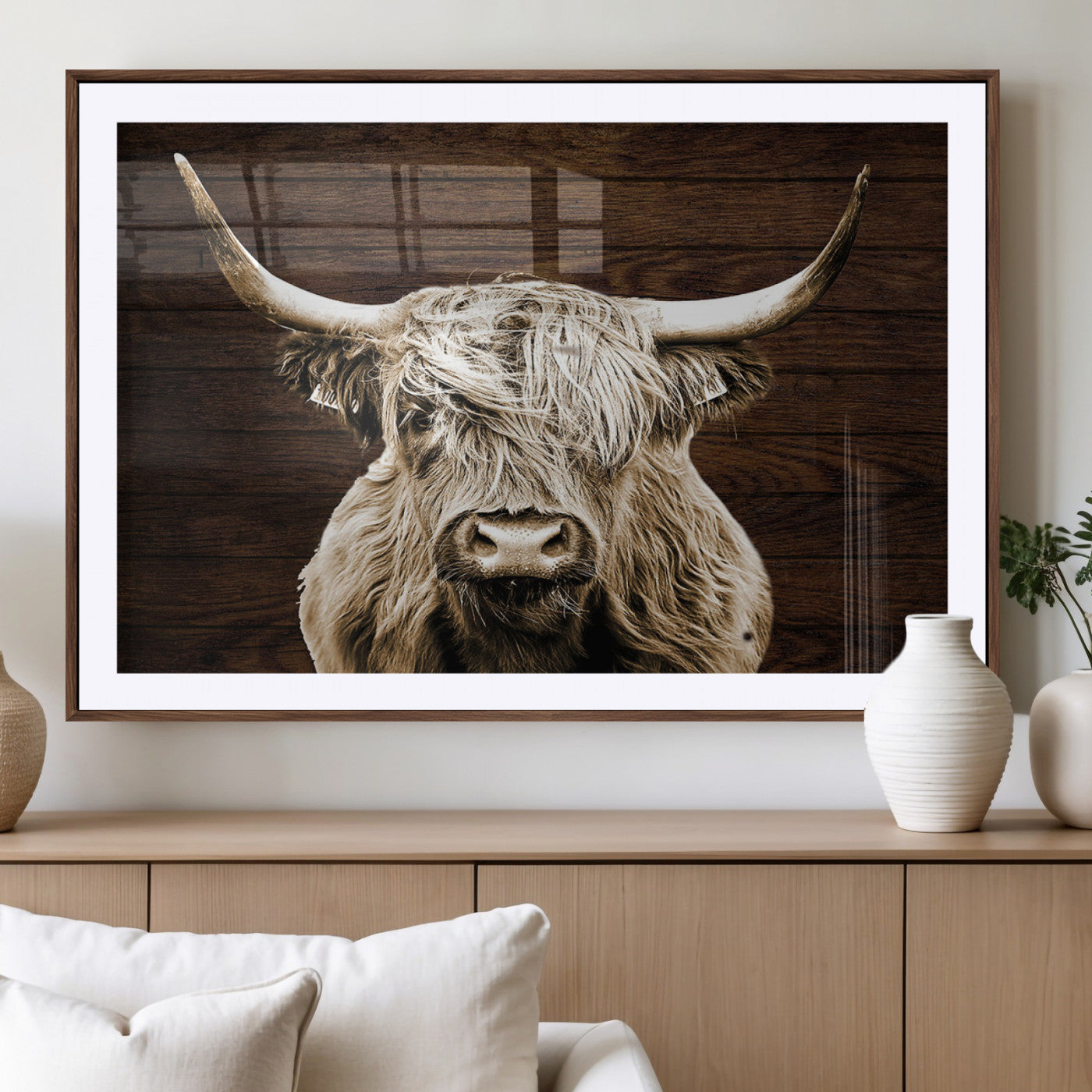 MGC-FP-36x24 - Highland Cow Wall Art Canvas Print, Rustic Farmhouse Decor, Majestic Scottish Highland Bull Portrait