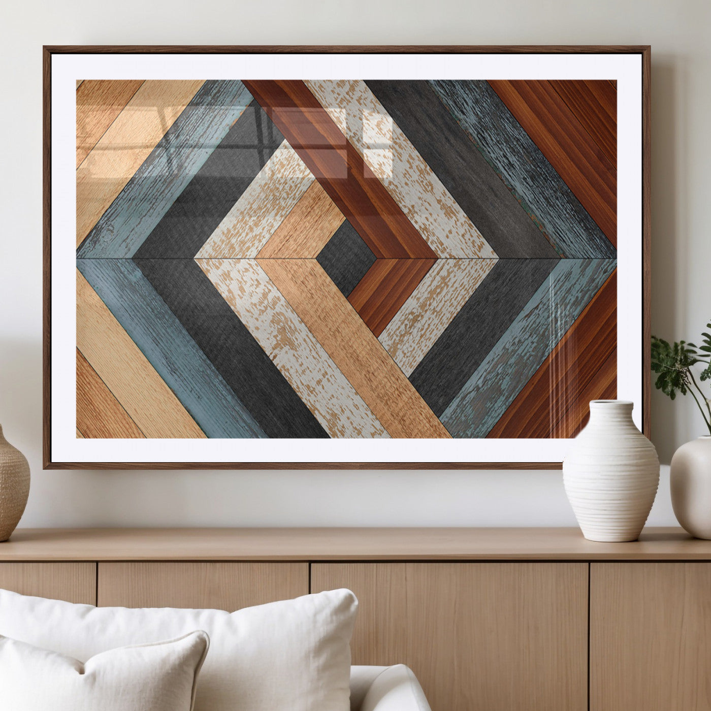 MGC-FP-36x24 - Geometric Wood Art Wall Decor Canvas Print, Rustic Wooden Pattern Triptych Wall Art for Living Room