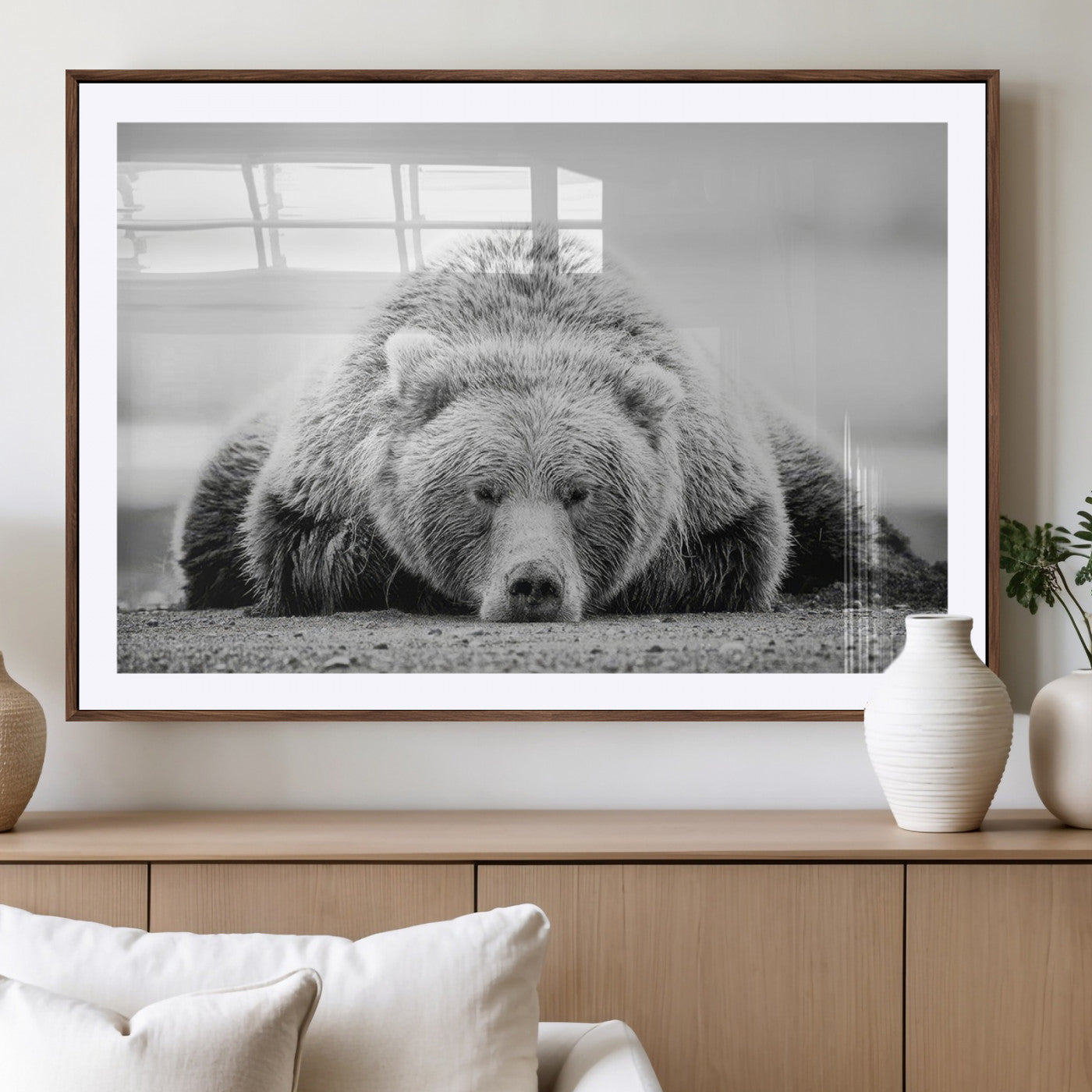 MGC-FP-36x24 - Resting Grizzly Bear Wall Art Canvas Print – Majestic Lazy Black and White Wildlife Bear Art,