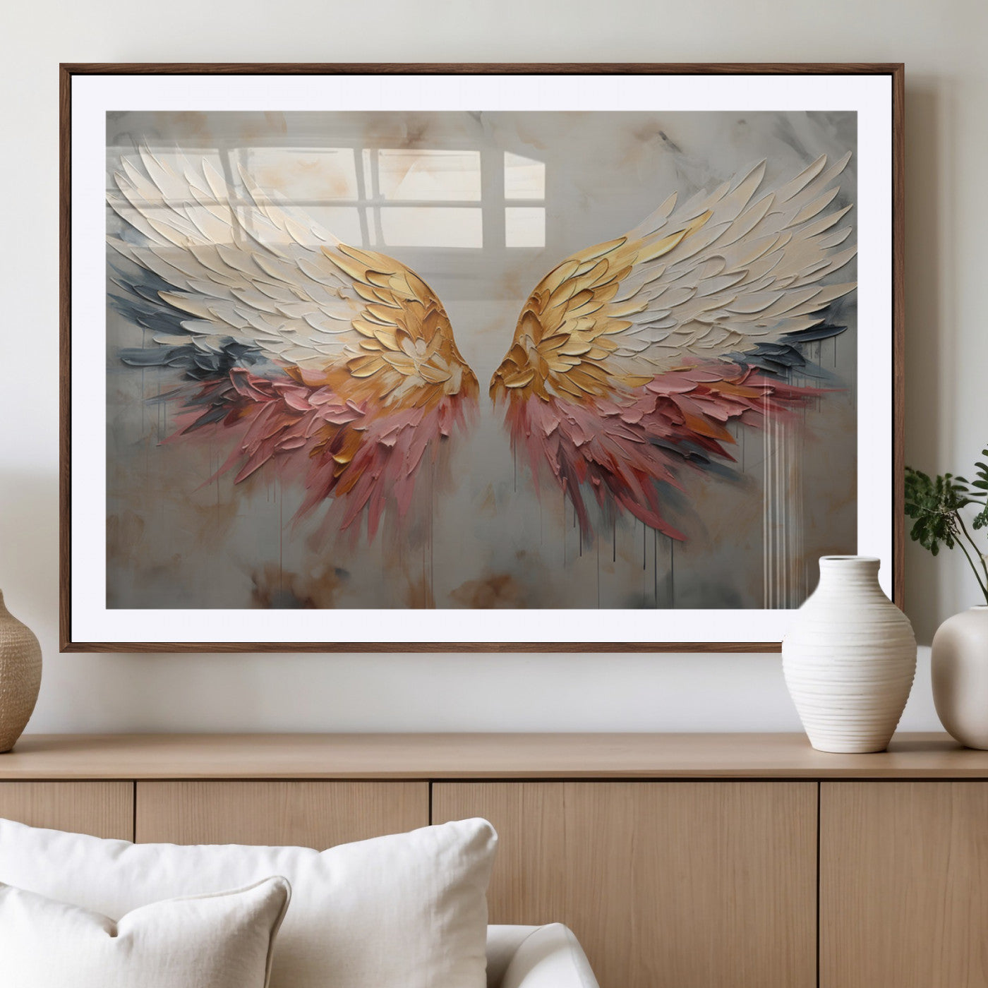 MGC-FP-36x24 - Golden Angel Wings Wall Art Canvas Print – Stunning Abstract Winged Art for Elegant Home Decor –