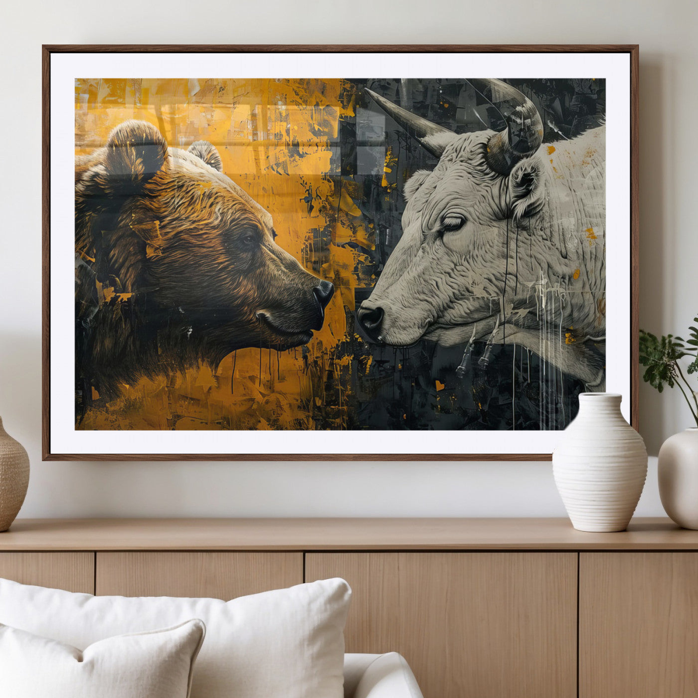 MGC-FP-36x24 - Bear and Bull Wall Art Canvas Print – Abstract Animal Portrait Painting for Modern Home Decor –