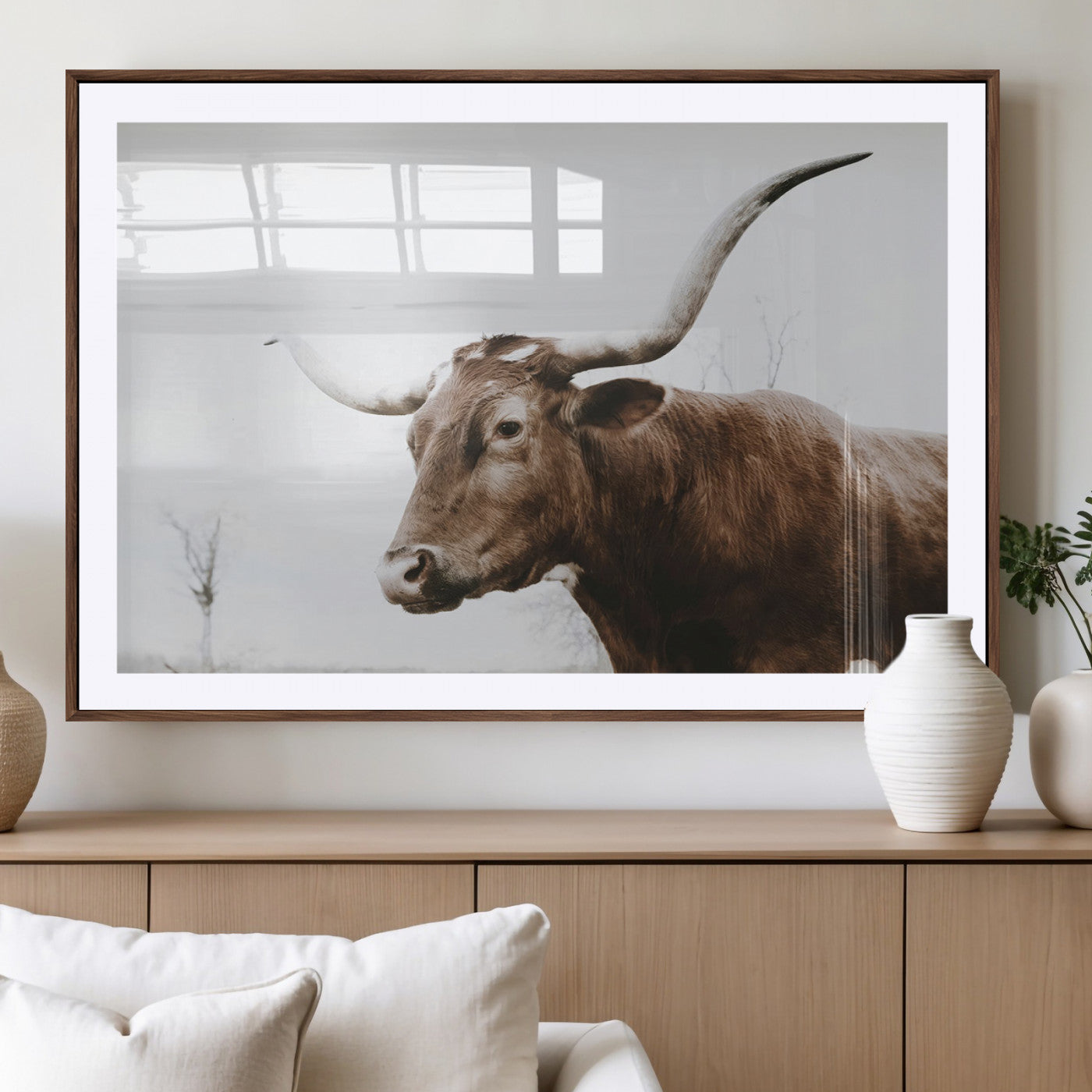 MGC-FP-36x24 - Rustic Bull Wall Art Canvas Print – Modern Longhorn Farmhouse Animal Decor – Abstract Farm Cow