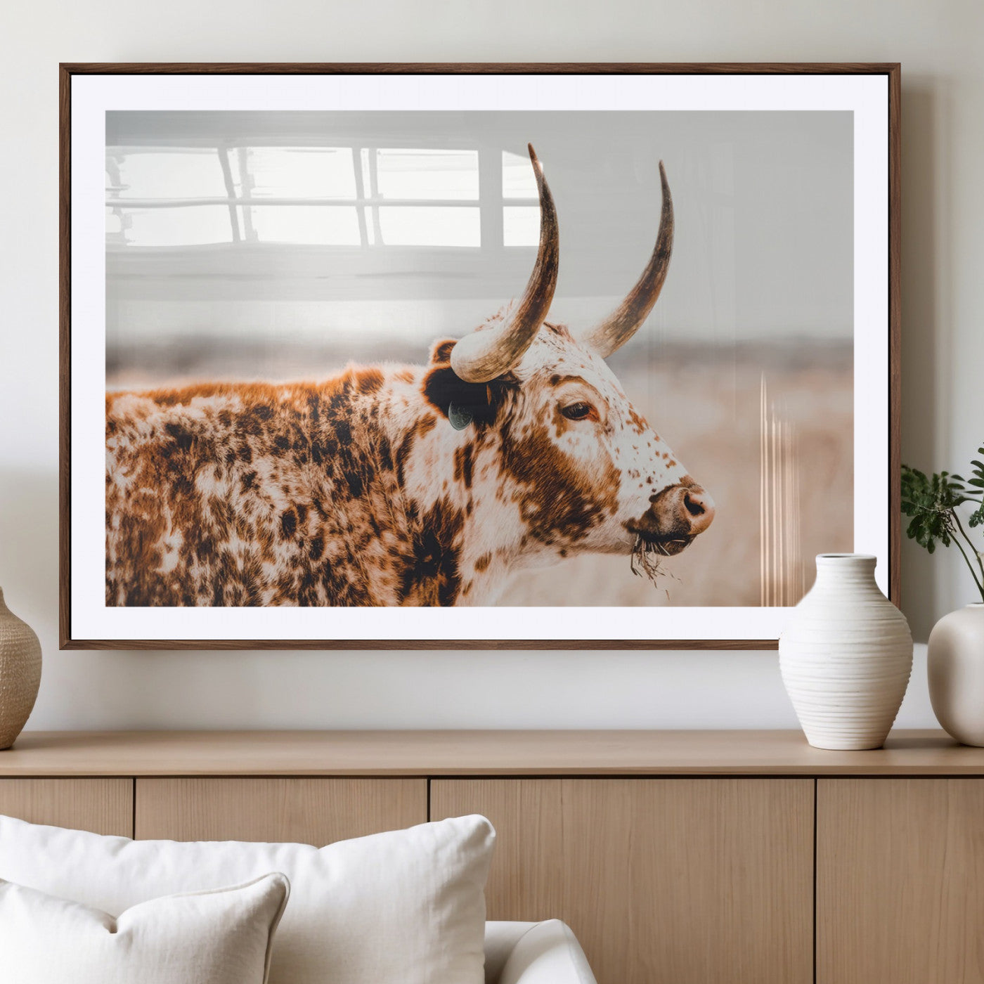 -Speckled Bull Wall Art Canvas Print – Rustic Cow Longhorn Farmhouse Animal Decor – Western Longhorn