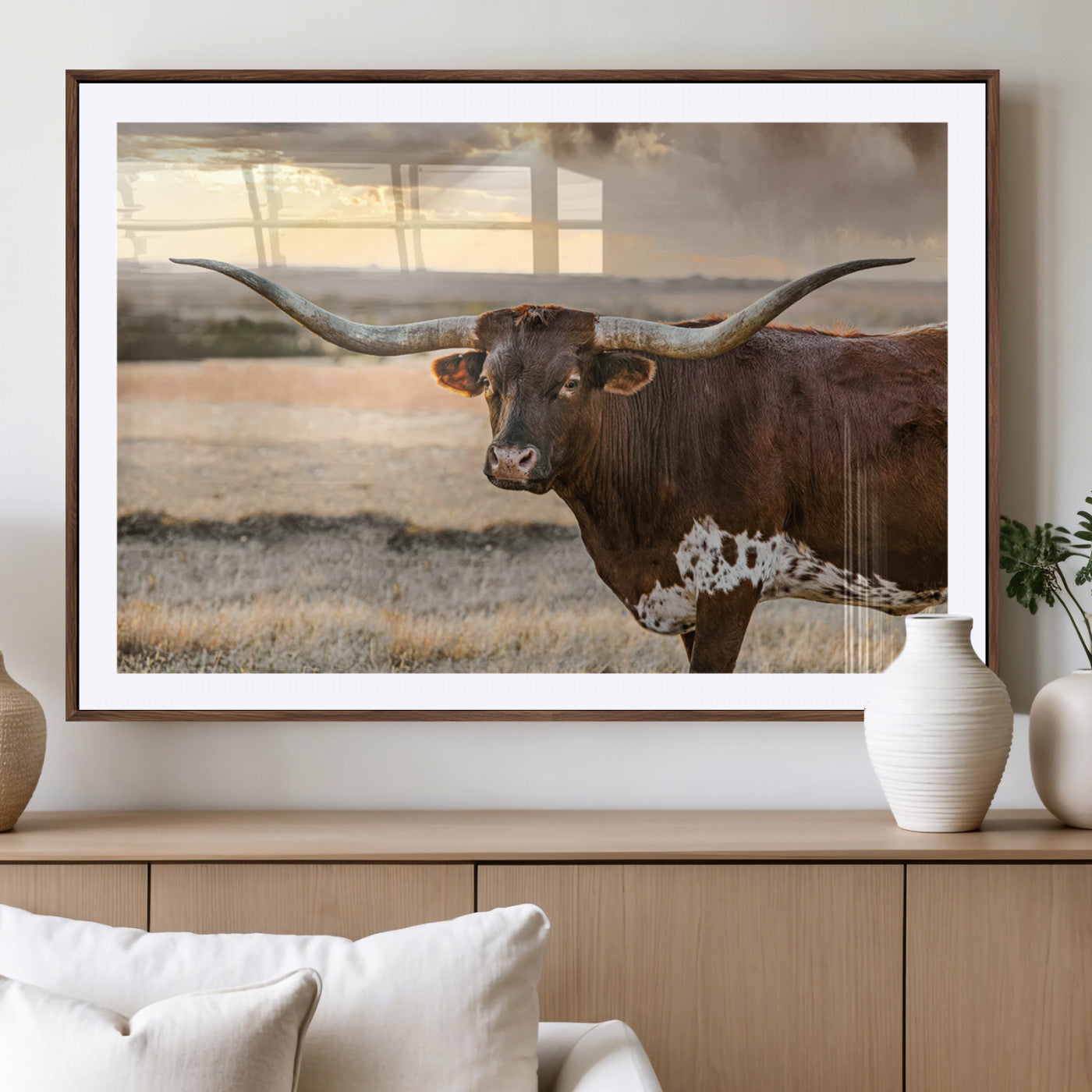 MGC-FP-36x24 - Texas Longhorn Wall Art Canvas Print, Rustic Ranch Decor, Majestic Western Longhorn Cattle