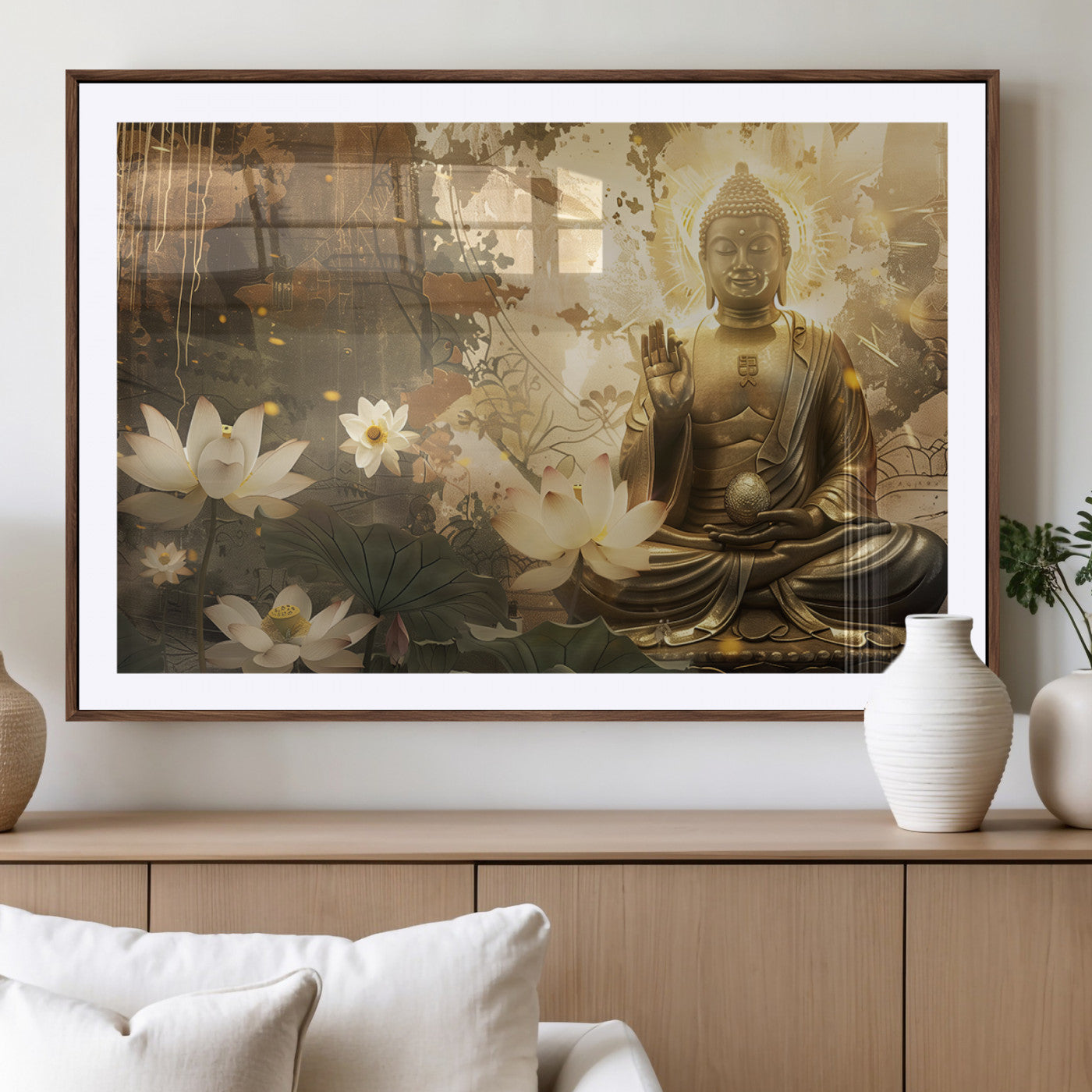 MGC-FP-36x24 - Zen Buddha Wall Art Canvas Print | Peaceful Meditation Decor with Lotus Flowers | Spiritual Serenity