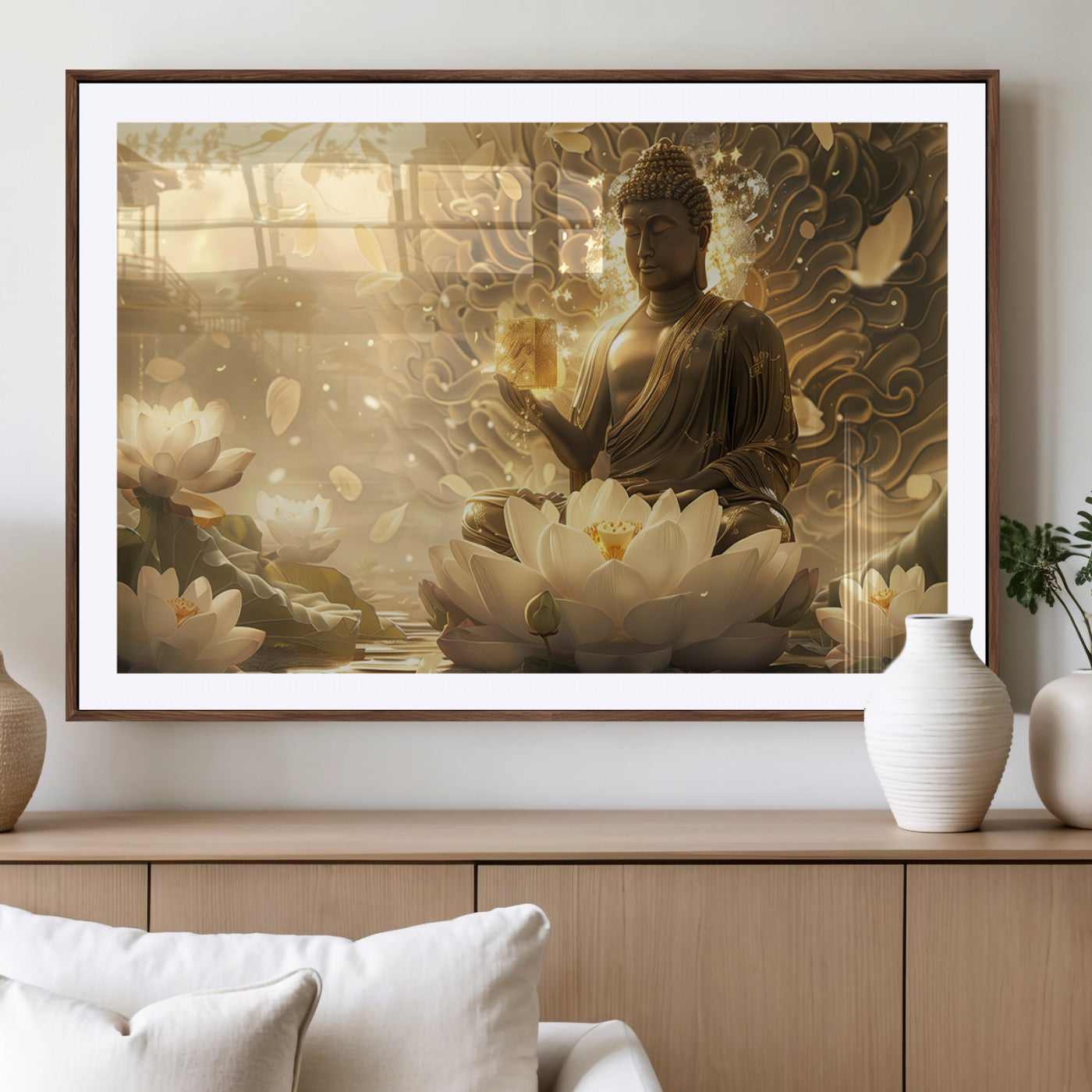 MGC-FP-36x24 - Golden Buddha Wall Art | Yoga Room Decor and Meditation Room Wall Art | Framed and Ready to Hang