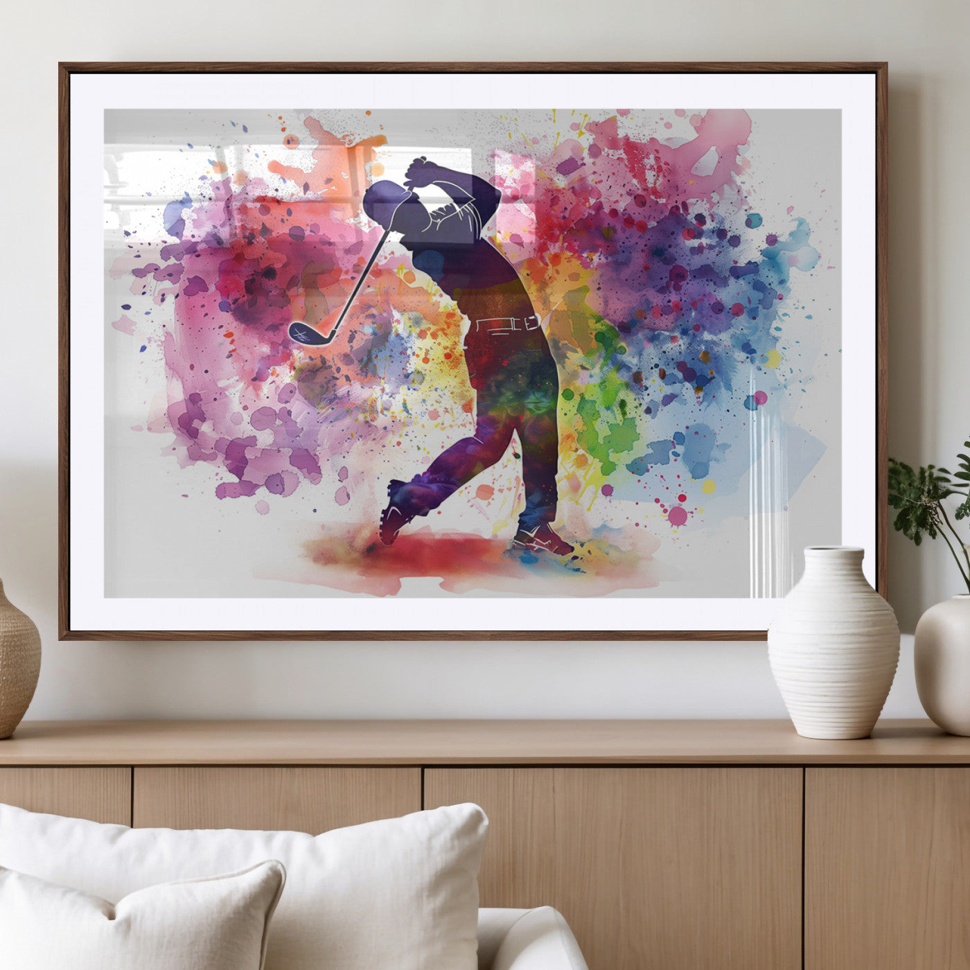 MGC-FP-36x24 - Colorful Golfer Swing Wall Art Canvas Print - Ready to Hang, Framed Sports Decor